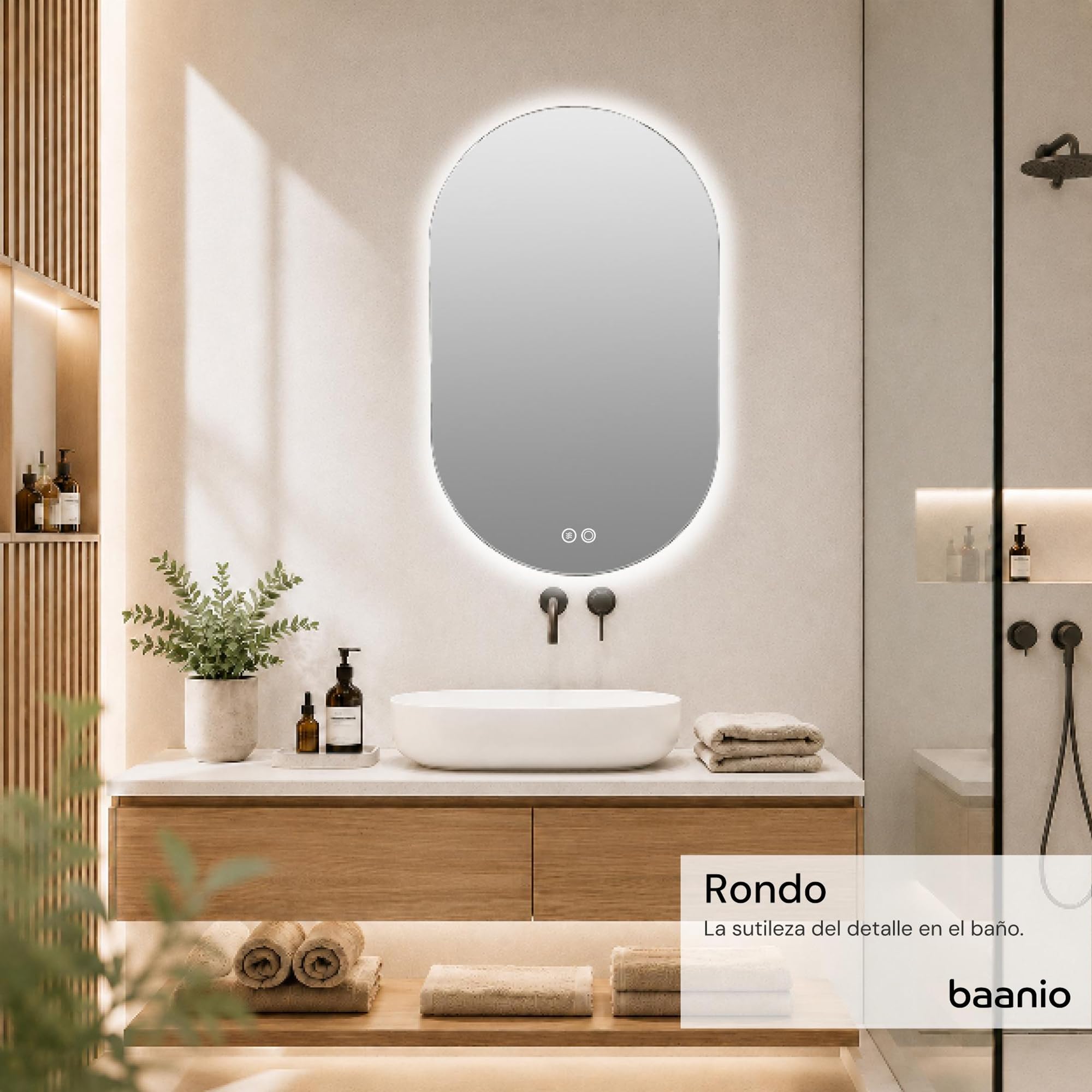 Rondo – Espejo Baño LED Ovalado 60x90 cm con Antivaho – Retroiluminado, Luz Regulable 3 Tonos, Interruptor Táctil, Montaje Vertical