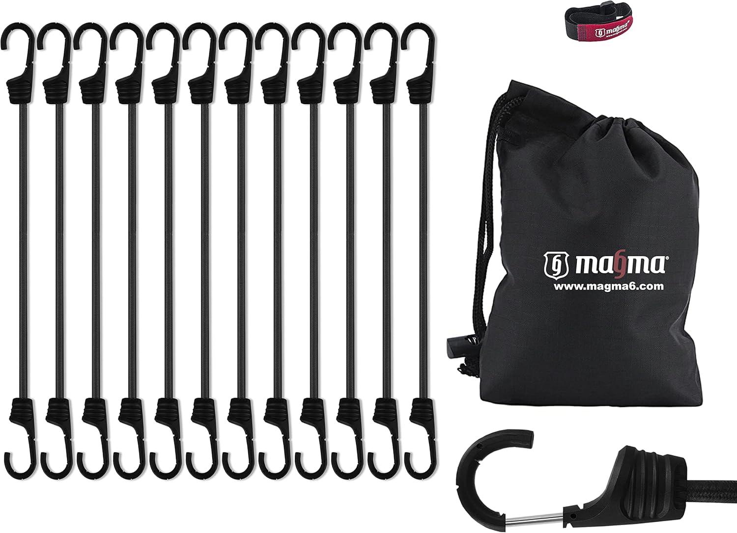 MAGMA | 12 Bungee Cords Pack 1ft | Max. Strength 153lbs | Heavy Duty Cable Car, Truck, Trailer Ties | Securing Cargo,Tarpaulins, Luggage Straps | Camping, Military, Outdoor Elastic Cord Tool (Black)