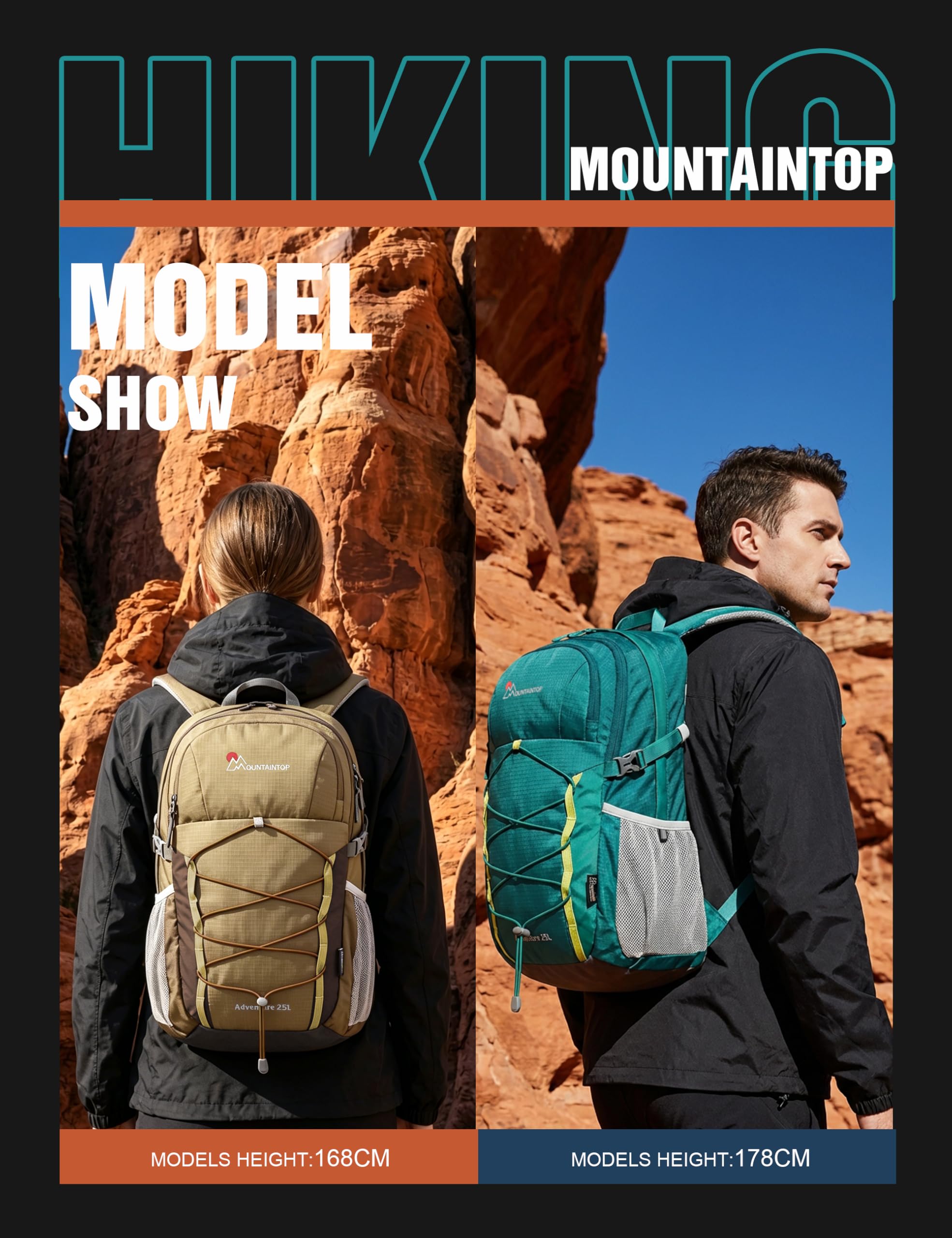 Mountaintop Sac à dos de randonnée pour homme et femme - 25 l/40 l, 25 l, café, 25L | Sac à dos de trekking YKK avec housse de pluie pour camping, voyage, voyage