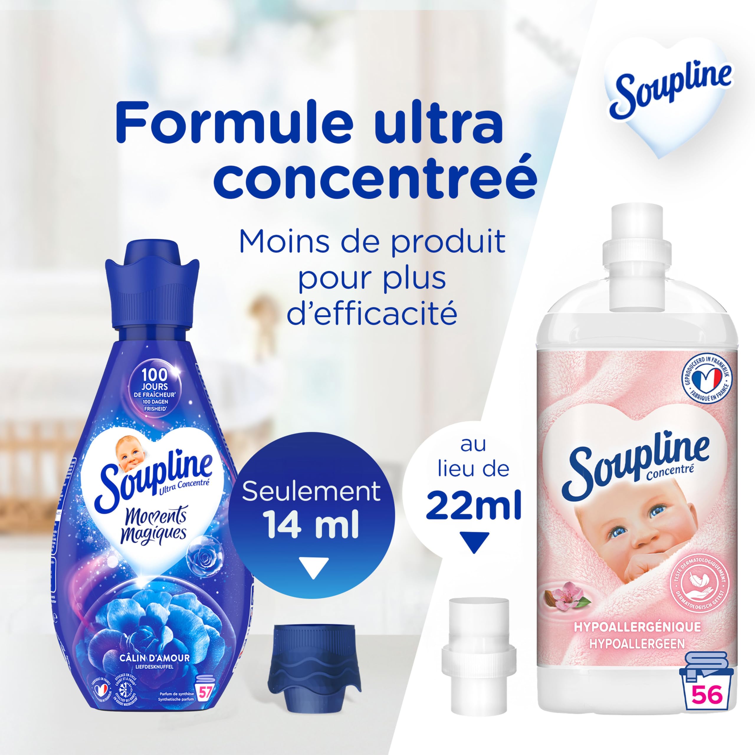 SOUPLINE - Adoucissant Concentré Soupline 3D Moments Magiques Câlin d'Amour - Formule Testée Dermatologiquement - Lot de 8 x 1,2 L
