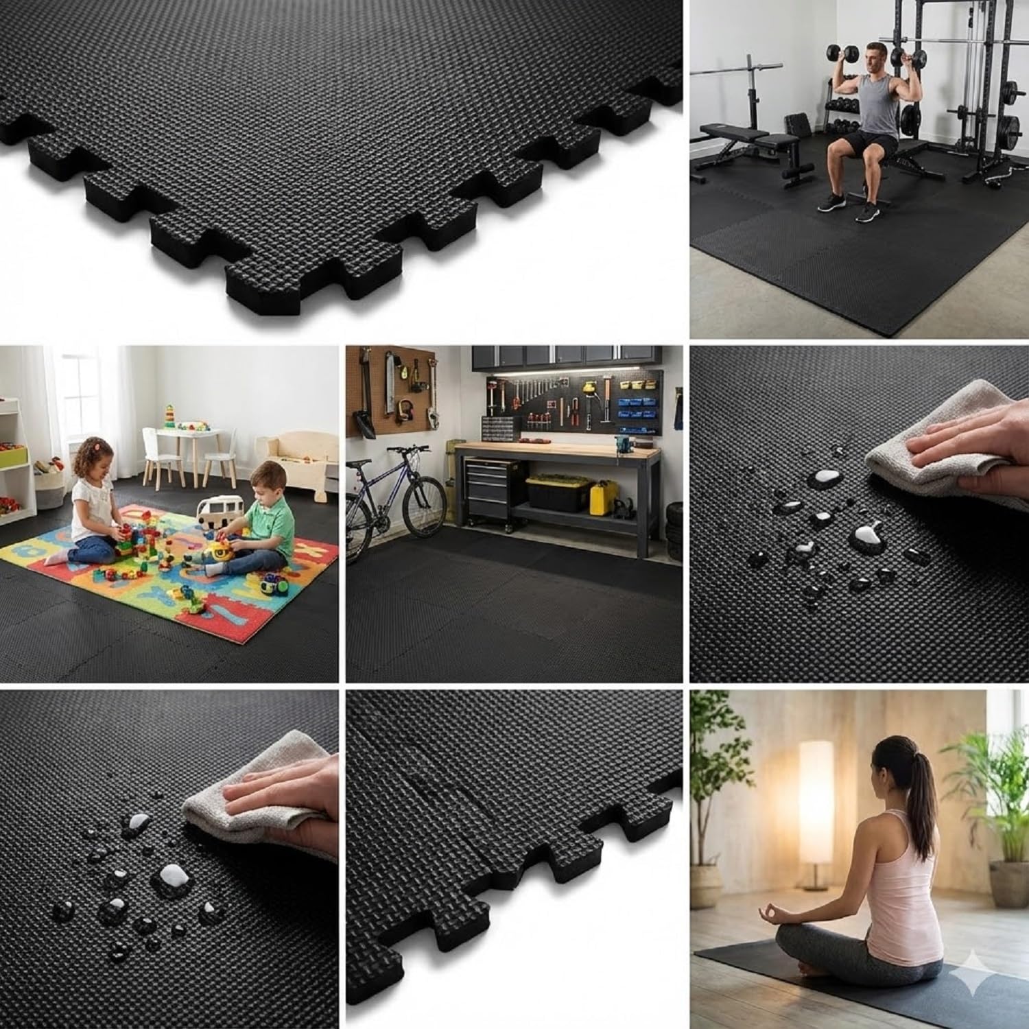 EASY HOME Interlocking Floor Gym Mats for Home and Living Room, Rubber Floor Workout Mat for Exercise, Super Absorbent EVA Foam Mat- 60x60cm - 12mm Thickness, Black (4 Tiles - 16Sqft) 2
