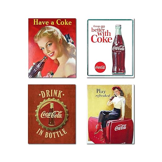Vintage Coca-Cola Wall Art Posters (Set of 4) – Retro Photo Signs with Classic Coke Ads for Kitchen, Bar, Game Room, Man Cave, or Cafe – Nostalgic 1950s Decor & Collectible Gift (Unframed, 8 x 10 inches)