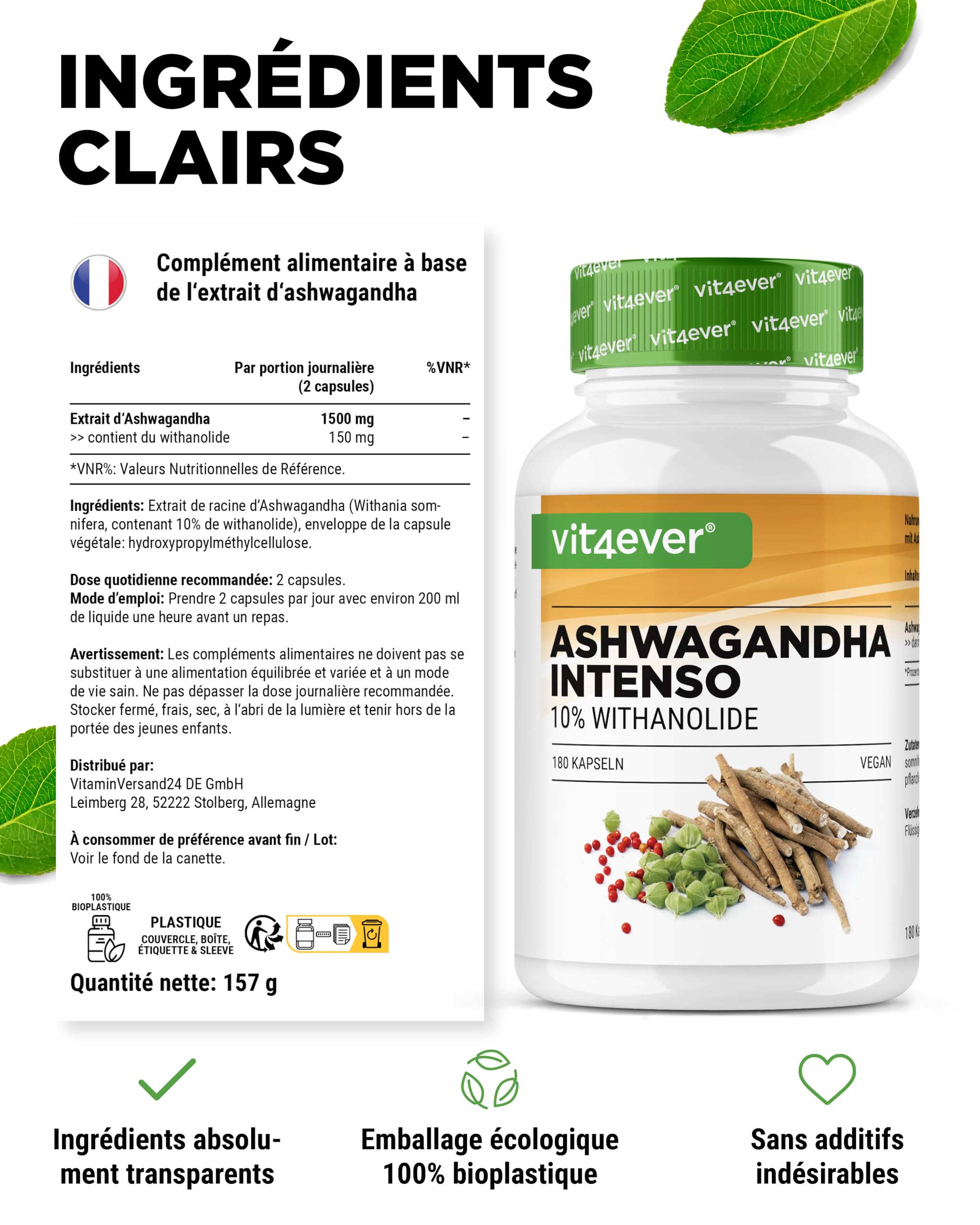 Extrait d’Ashwagandha – 180 Capsules contenant chacune 750 mg d’Extrait pur de Racine et 10% de Withanolides – Haute Pureté – Végan – Hautement Dosé – Qualité Premium