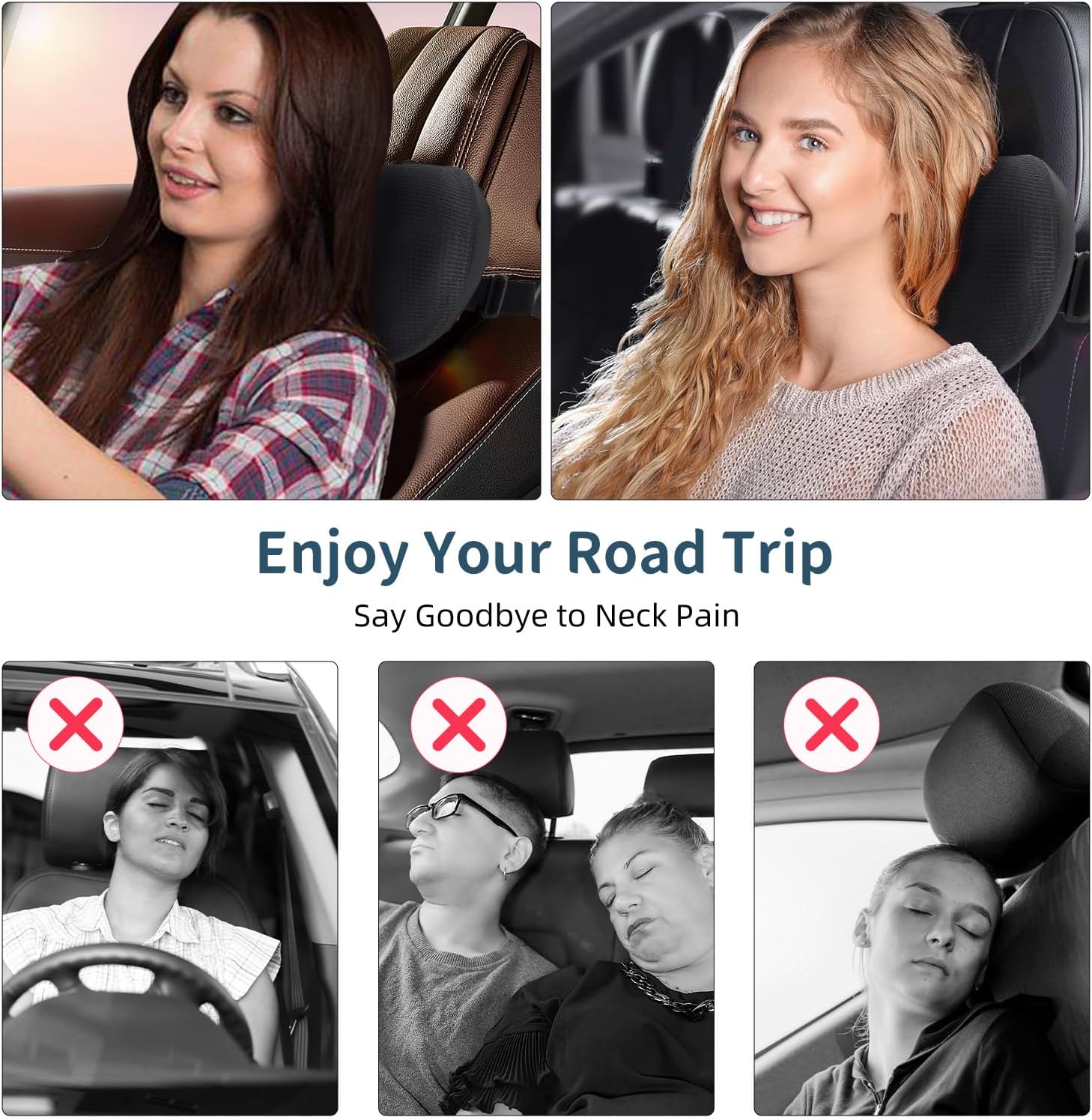 2 Pack Car Headrest Pillow, Comfy Head Rest Pillow for Car, 100% Memory Foam Car Neck Pillow for Driving - Universal Fit Travel Car Pillow for Pain Relief While Driving(Comes with 2 Eye Masks)