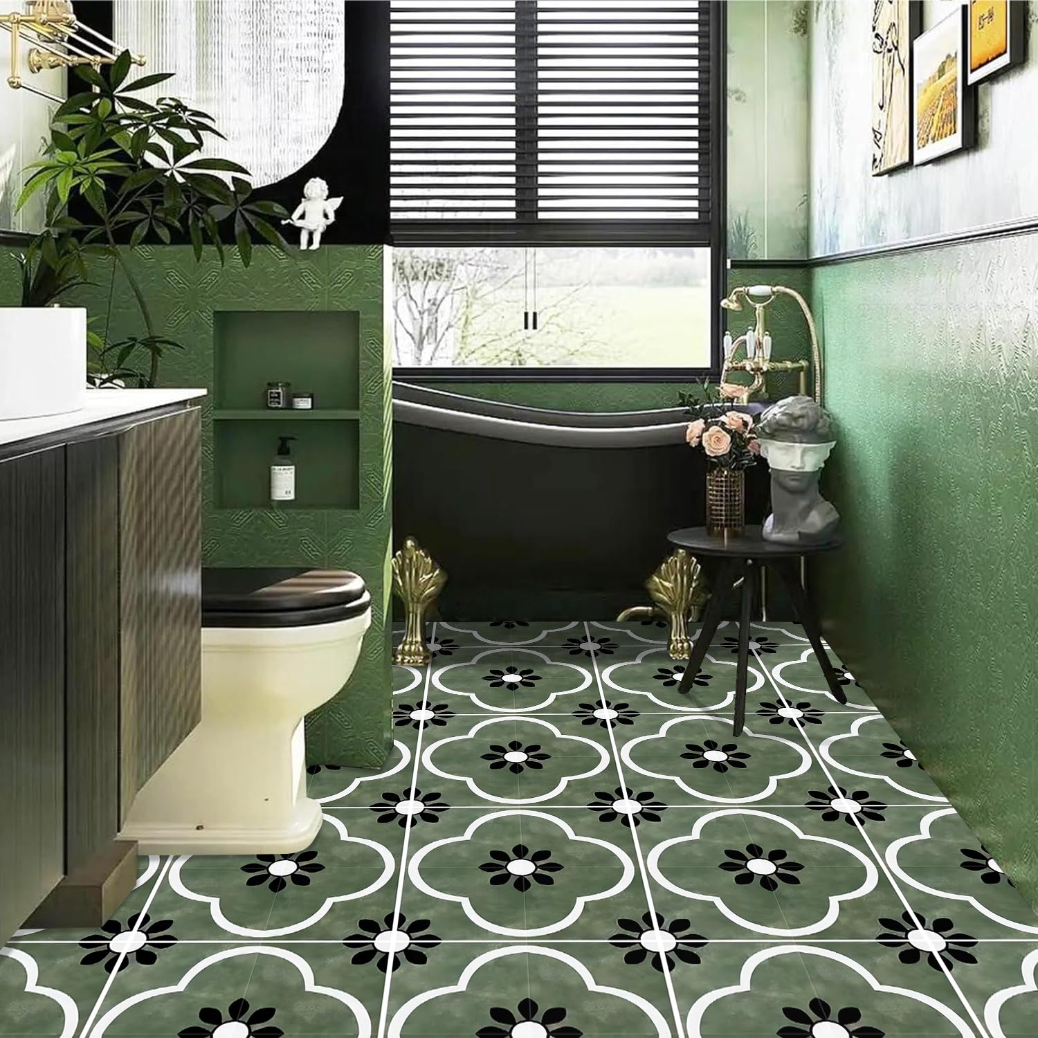 10 azulejos de vinilo de 12 x 12 pulgadas, diseño geométrico de flores de damasco verde, negro y blanco, para despegar y pegar, calcomanías de suelo extraíbles e impermeables para baño, entrada