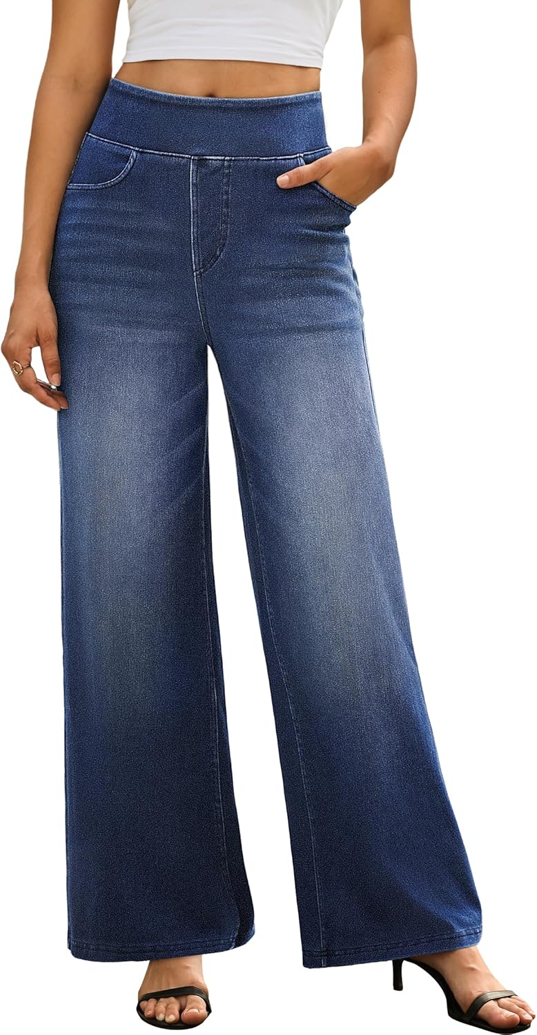 IWD Wide Leg Jeans for Women High Waisted Stretchy Trendy Pull On Jeans Straight Baggy Loose Casual Denim Pants Dark Blue, X-Large