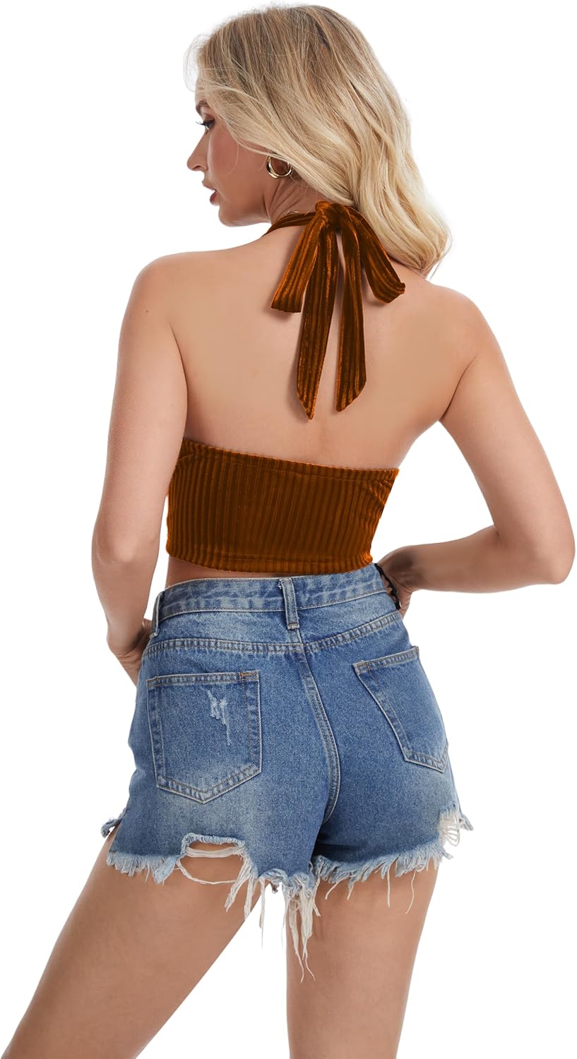 Feiersi Womens Lace Up Corset Crop Tops Halter Neck Backless Going Out Tank Concert Outfits - Image 2