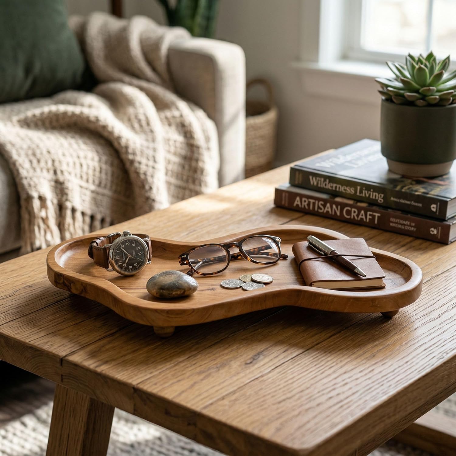 Teak Wood Decorative Tray, Freeform Bathroom Counter Tray, 15 Inch