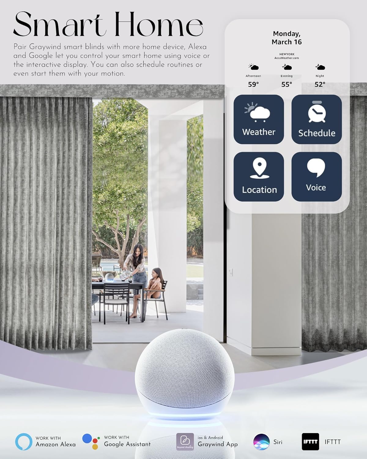 Graywind Rechargeable Smart Curtains Compatible with Alexa Google Custom Motorized Drapery for Sliding Window Solar Powered Available Retractable Track Width Up to 157.5" (Edelweiss)