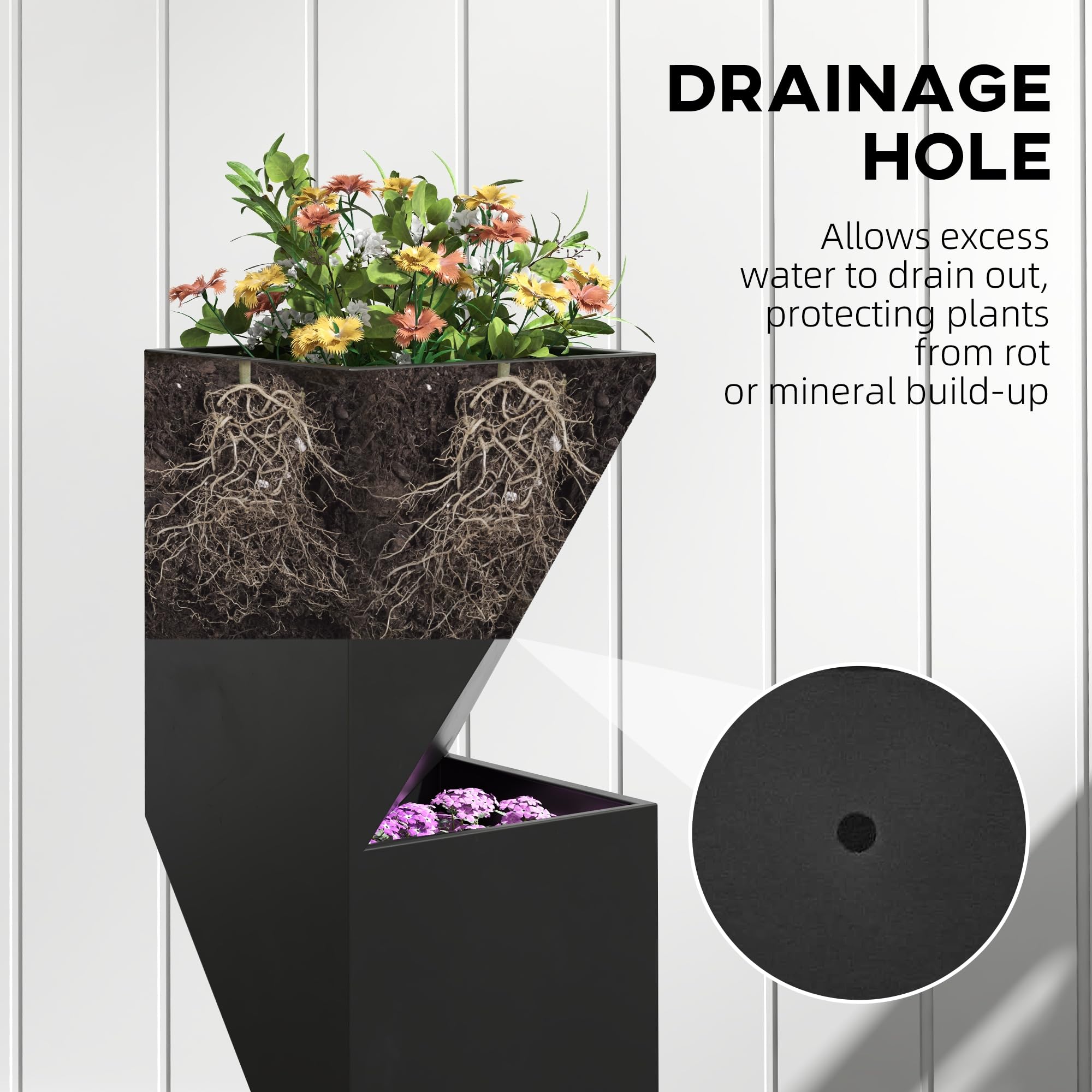 Outsunny 3-Zone Außenpflanzkübel mit Drainage 30x30x100cm Schwarz | Metall Pflanzentopf für Innen