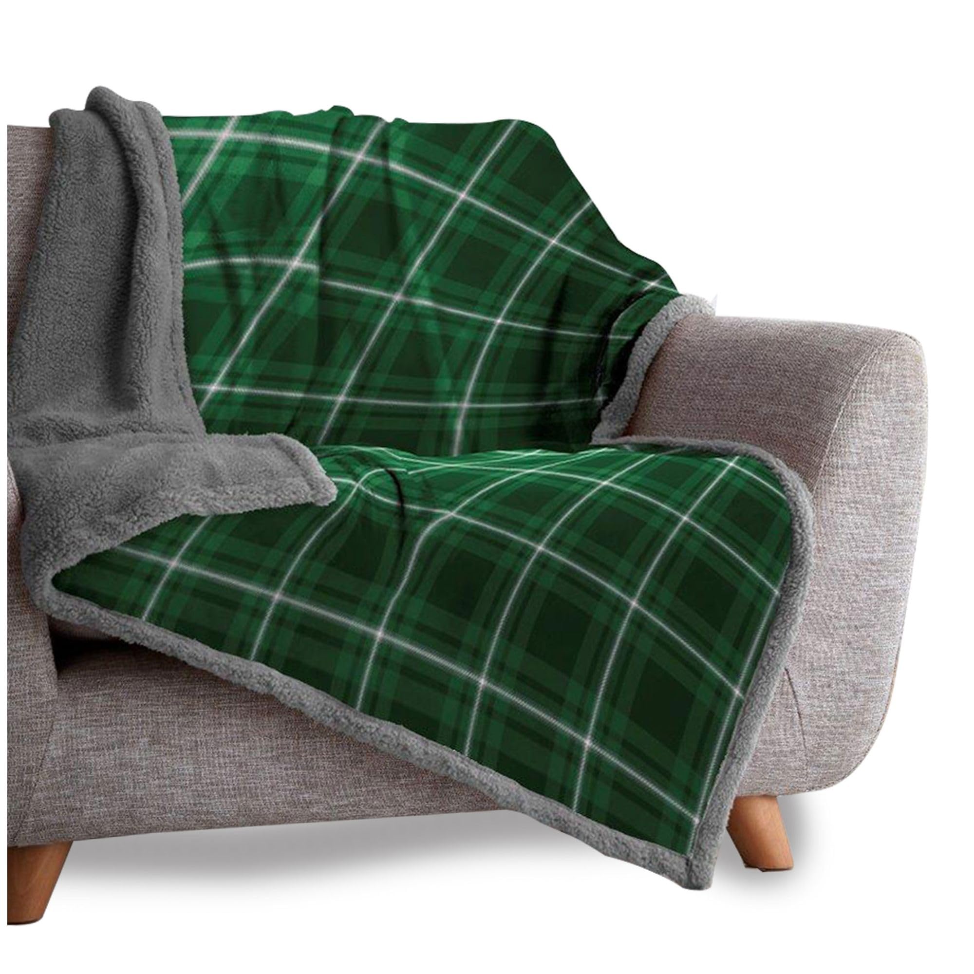 VELVETIO Tartan Check Throw for Sofa Bed 130 x 180cm, Thermal Warm Large Teddy Fleece Couch Blanket, Ultra Soft Lightweight Fluffy Armchair Throws, Green/Charcoal