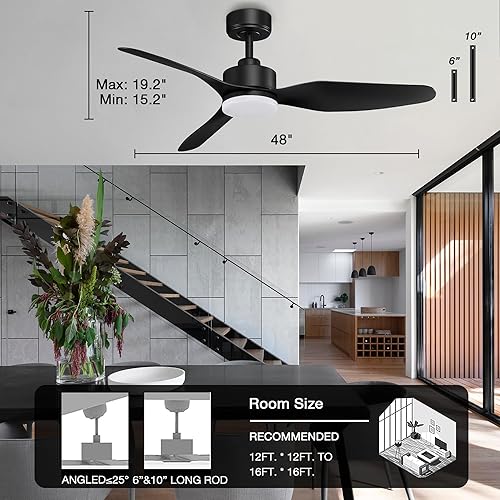 Miniatura 7 de Hoenofly Ventilador de techo inteligente de perfil bajo de 52 pulgadas con luces (negro) + ventiladores de techo inteligentes de 48 pulgadas con