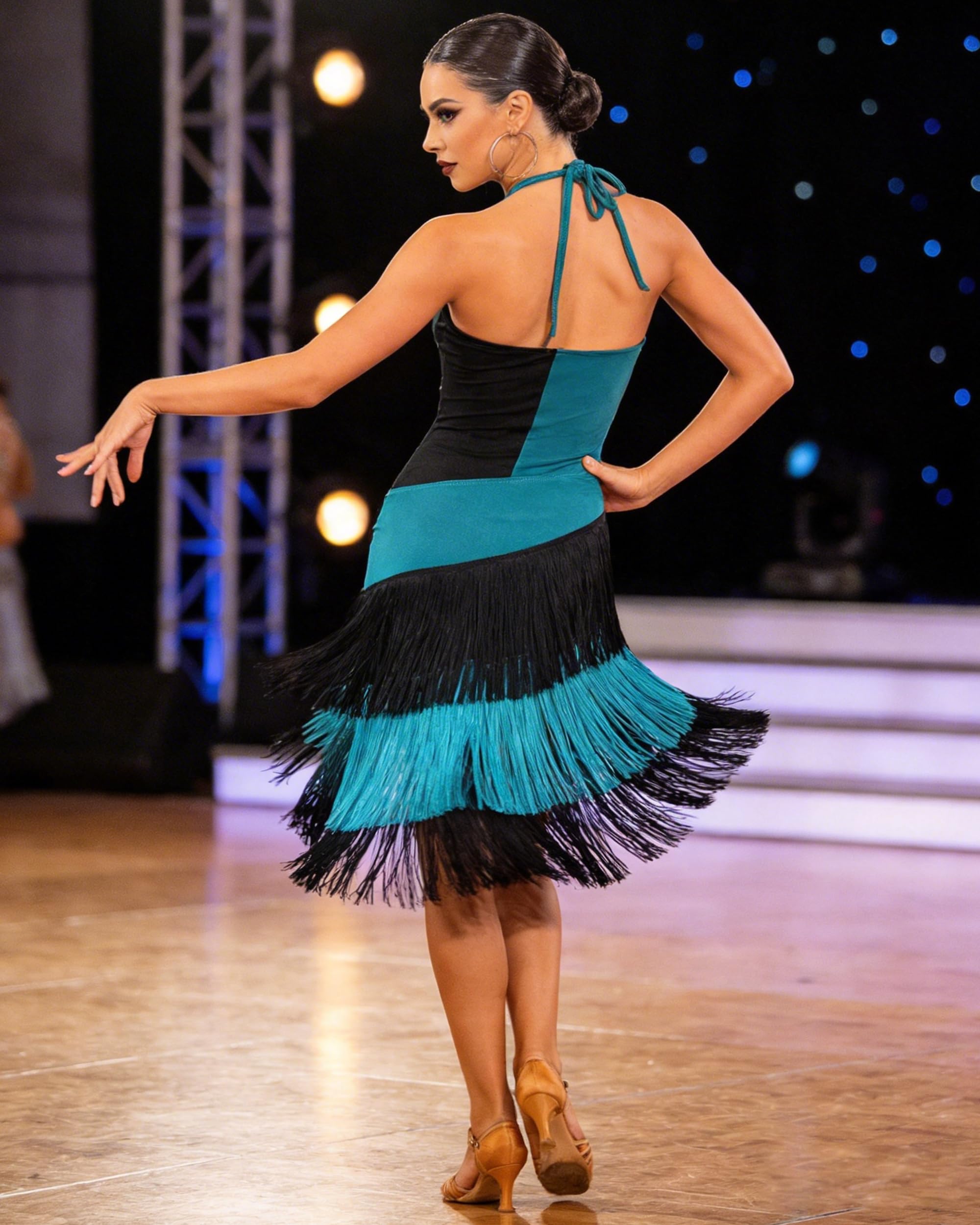 ROYAL SMEELA Abito da Danza Latino con Collo Halter,Vestito da Ballo Latino con Frange,Vestito Ballo Salsa Donna con Strass,Abiti Danza Tango Samba Rumba in Blu
