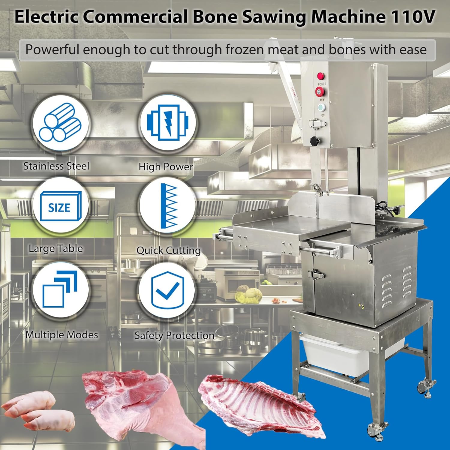 Electric Meat Bandsaw Bone Saw Machine, 9.84'' Cutting Thickness Frozen Beef Pork Cutter with Spare Blade, Water Gun, 110V Stainless Steel Meat Band Saw 2200lbs/h, Worktable 29.13x25.2''