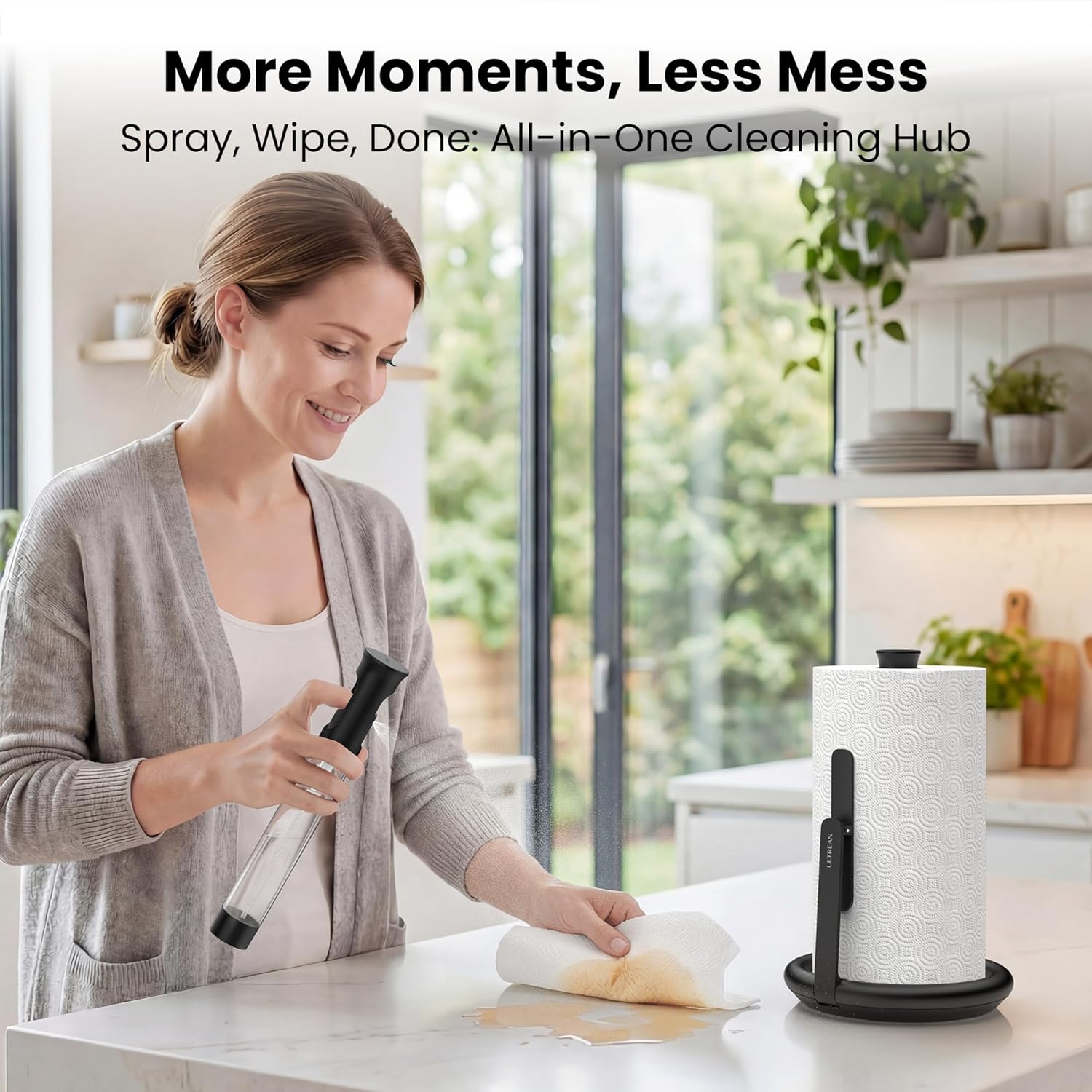 Ultrean Paper Towel Holder with Spray Bottle, Countertop Freestanding Paper Towel Dispenser with Spring-Loaded Tension Arm for One-Handed Tear, Weighted Base, Stainless Steel for Kitchen, Black