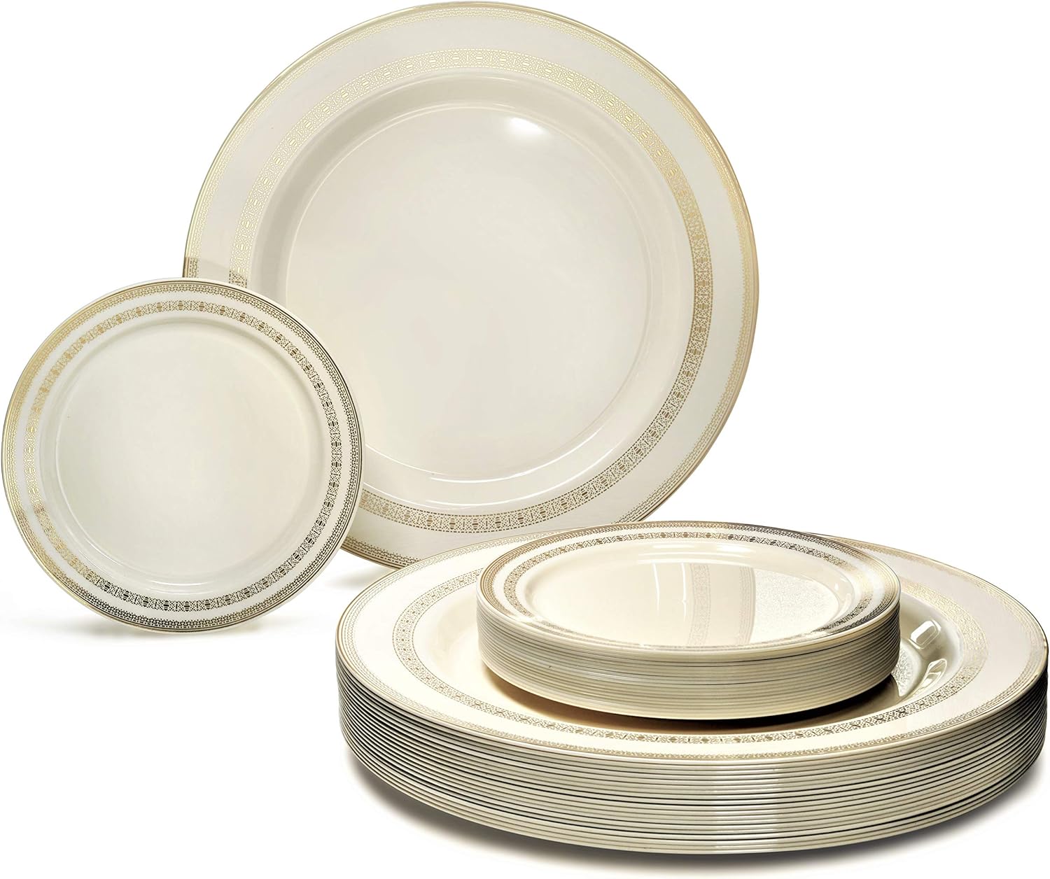 " OCCASIONS " 120 Plates Pack, Heavyweight Premium Disposable Plastic Plates Set 60 x 10.5'' Dinner + 60 x 6.25'' Dessert/Cake Plates (Celebration White & Gold)