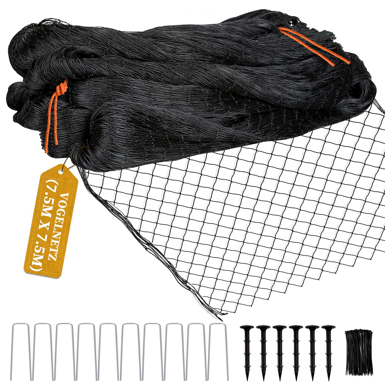Filet Anti-Oiseaux 7.5x7.5m - Mailles 2.5cm, Protection Jardin, Arbres Fruitiers, Poulailler - Noir