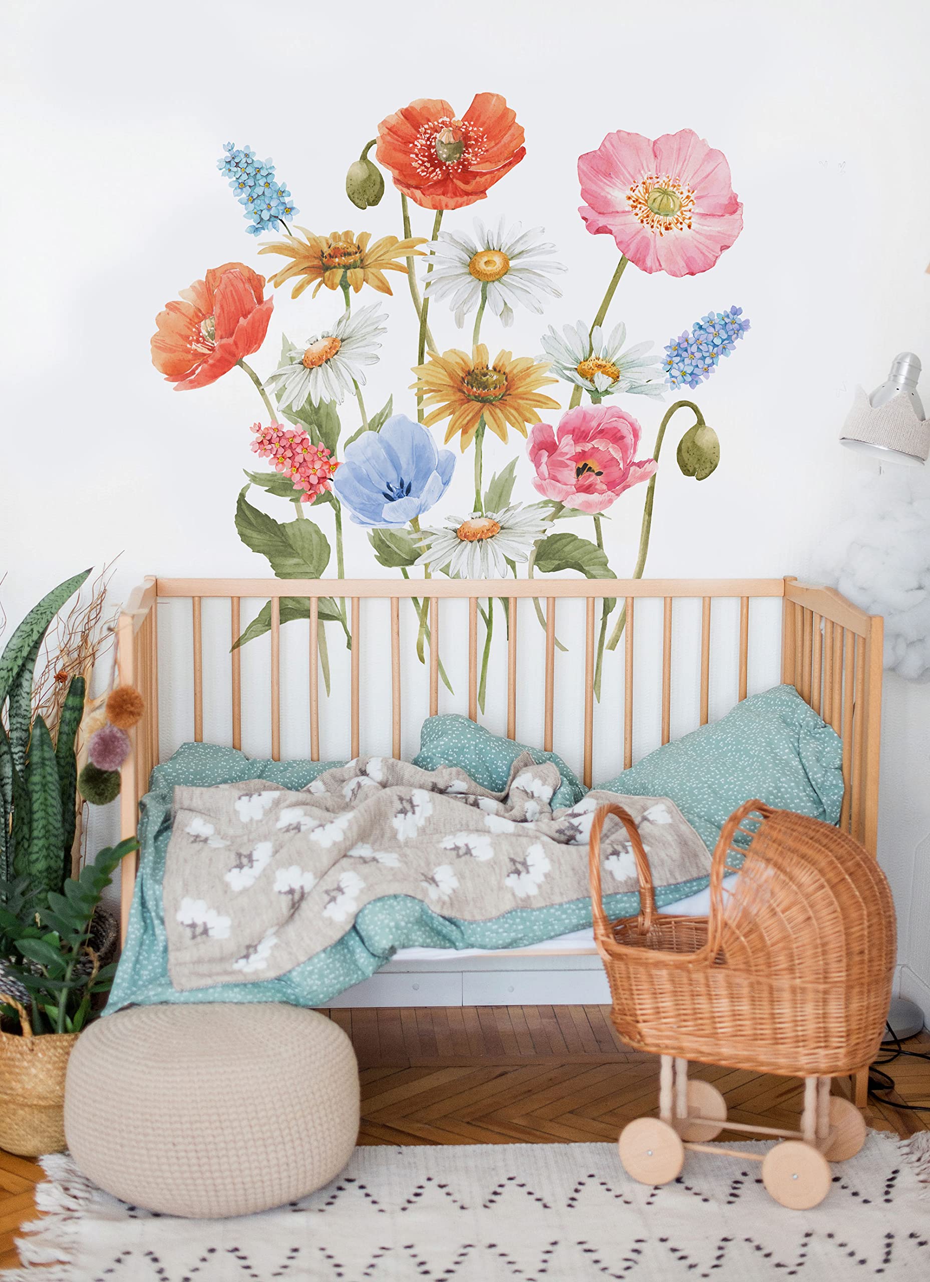 Murwall Watercolor Floral Wall Decal Kids Colorful Wildflower Wall Sticker