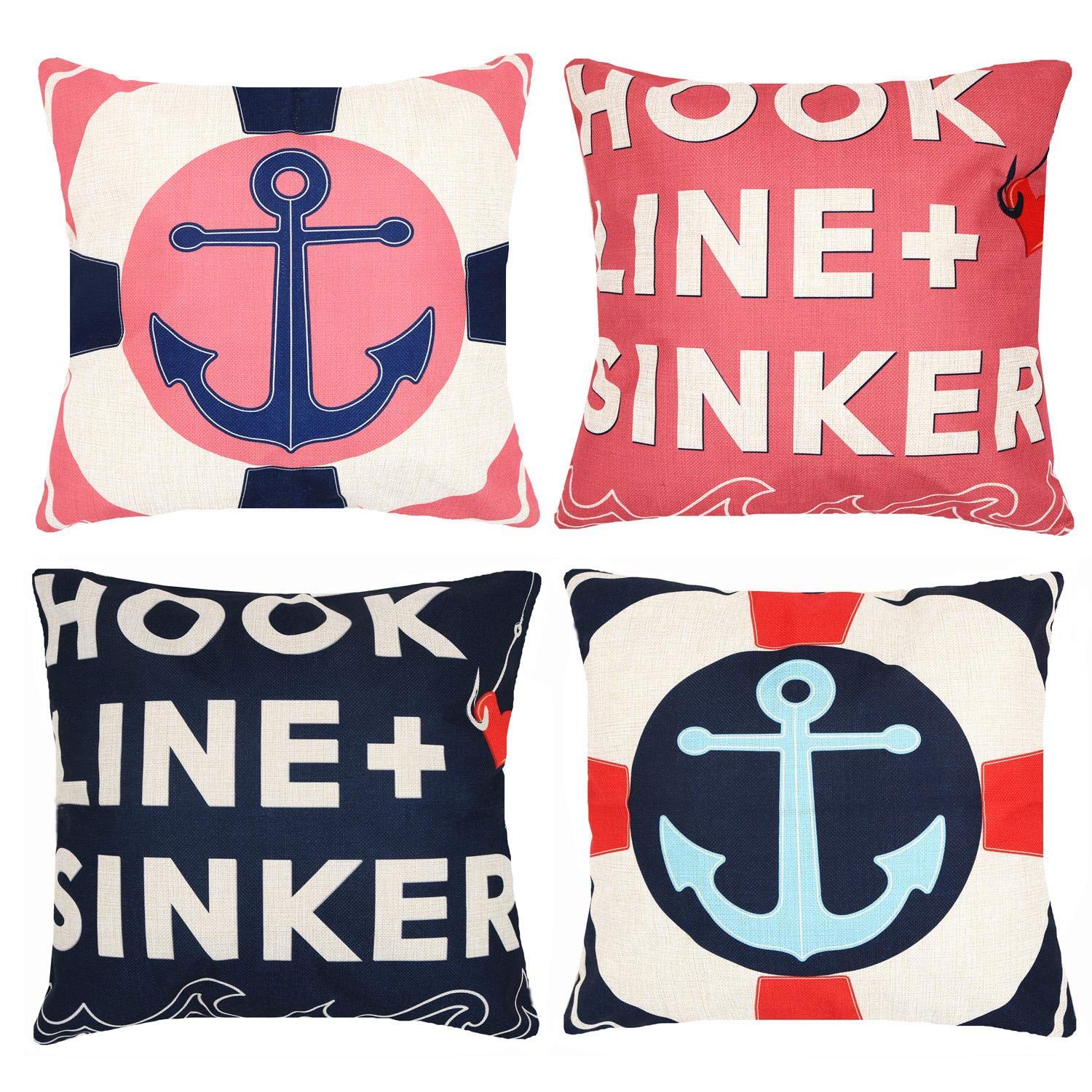 Munzong Red and Navy Blue Nautical Anchors Throw Pillow Covers 18x18 Inch  Set of 4, Cotton Linen Indoor Outdoor Square Pillowcase Cushion Cover for 