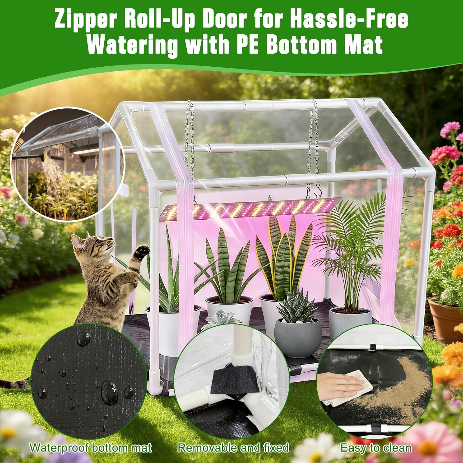 Mini Greenhouse with Grow Light for Indoor, PVC Planting Tent with Waterproof Mat & Zipper Door,15W Full-Spectrum LED Plant Grow Light and Timer for Seed Starter Tray for Indoor and Outdoor Plants