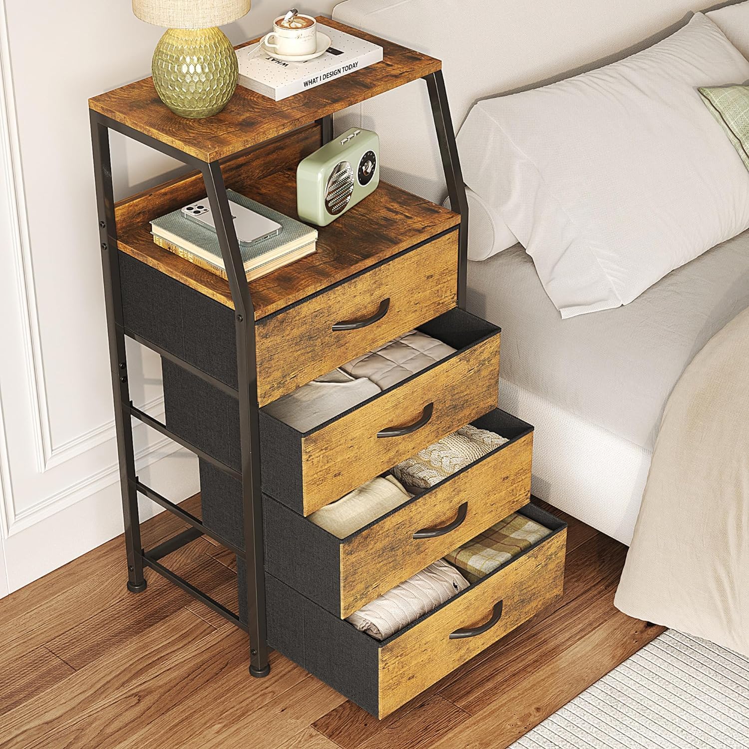 CAIYUN Comodino, tavolino, comodino con 4 cassetti, comodino, cassettiera per camera da letto, armadio, armadietto, facile da montare, stabile