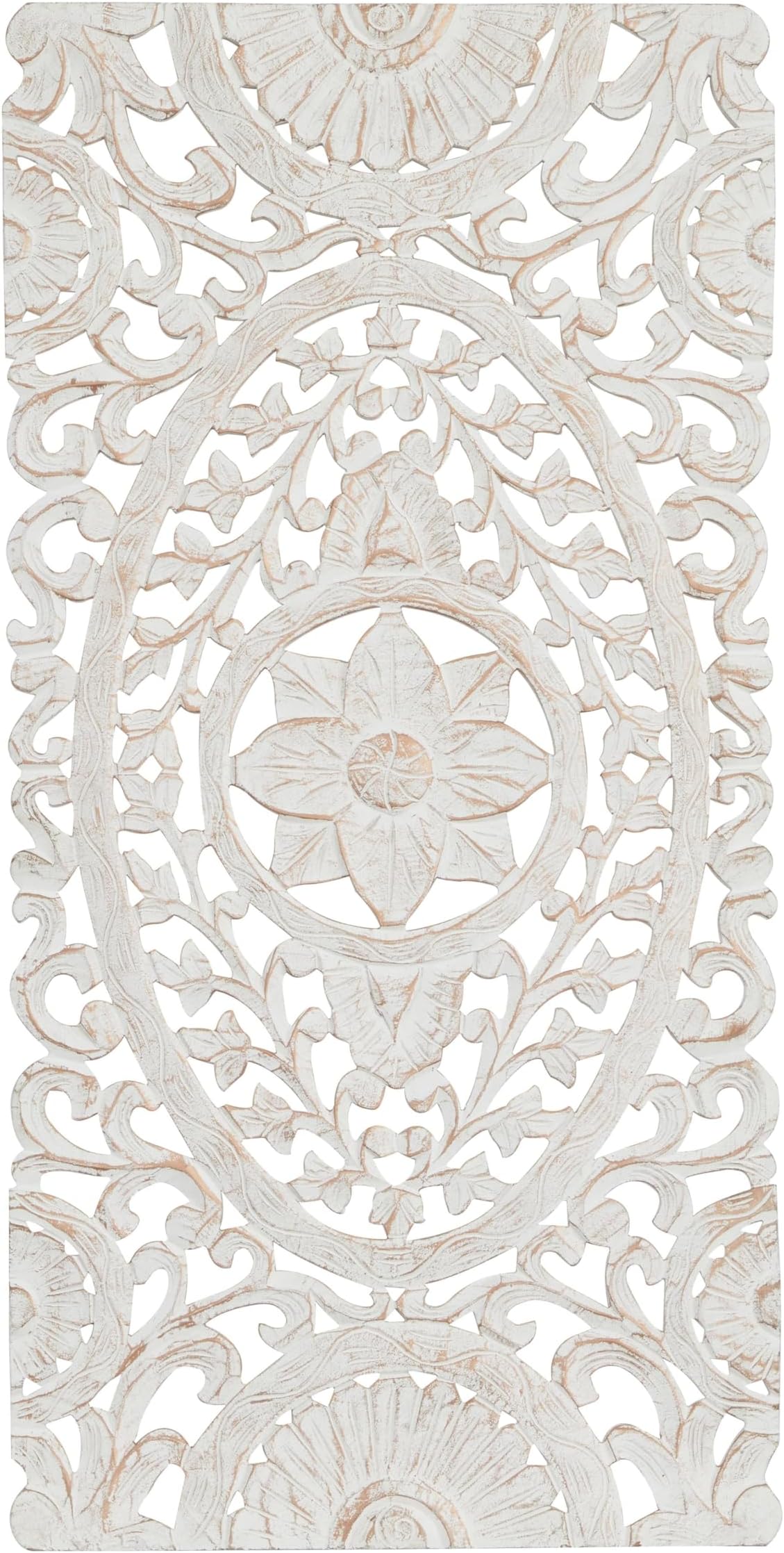 Deco 79 Wooden Floral Handmade Home Wall Decor Intricately Carved Wall Sculpture with Copper Accents, Wall Art 24" x 1" x 48", White