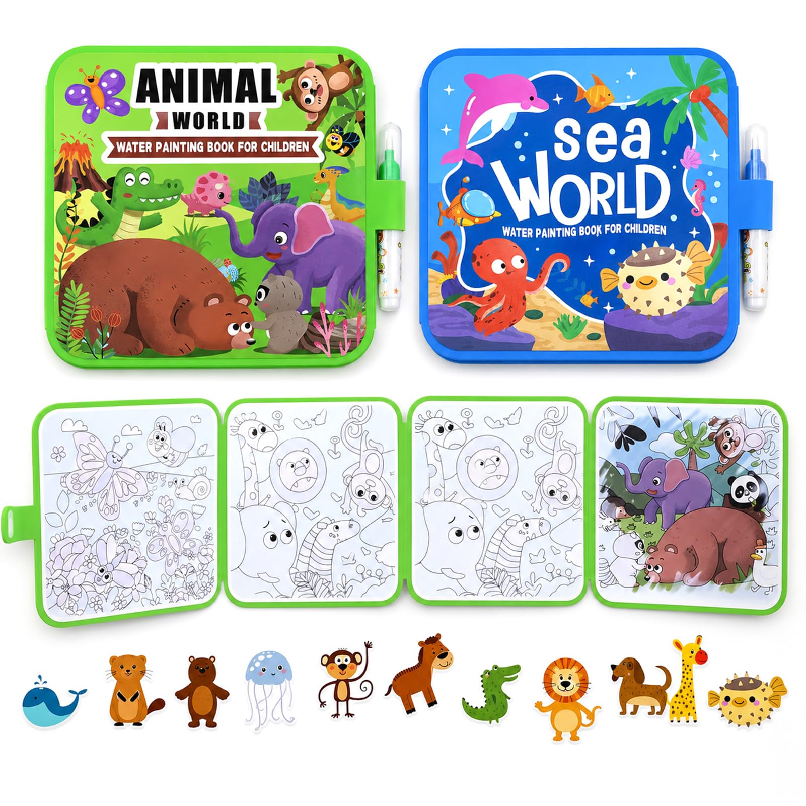 Lethra 2PCS Mess Free Water Painting Book, Reusable Water Colouring Books with Water Pens, Magic Aqua Art Water Drawing Kit Water Paint Color Book for Kids Boys Girls (Animal + Underwater World)