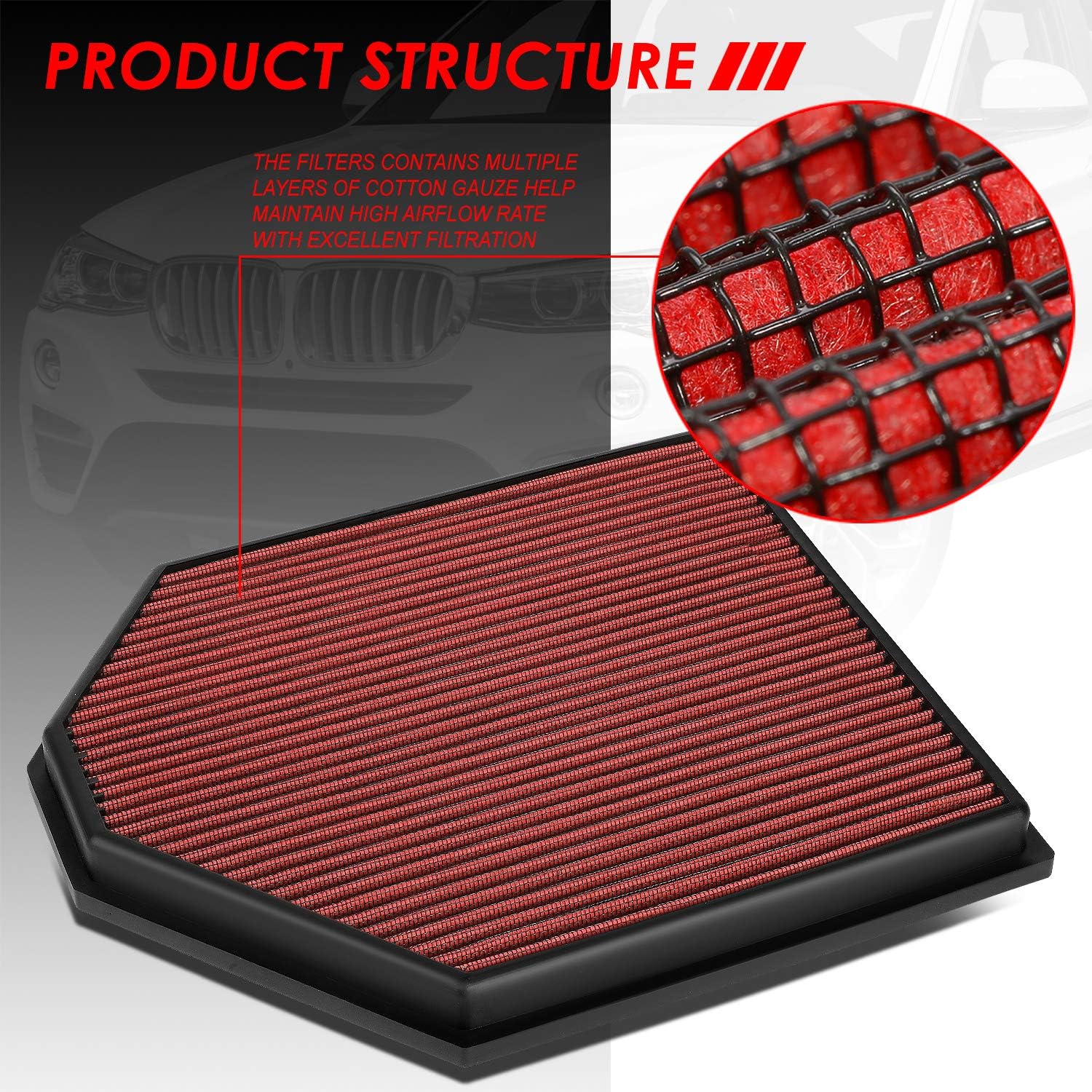 Auto Dynasty High Flow Engine Air Panel Filter Drop-in Reusable & Washable Reuseable Compatible with BMW X3 X4 2.0T 3.0L 11-18 (Red)