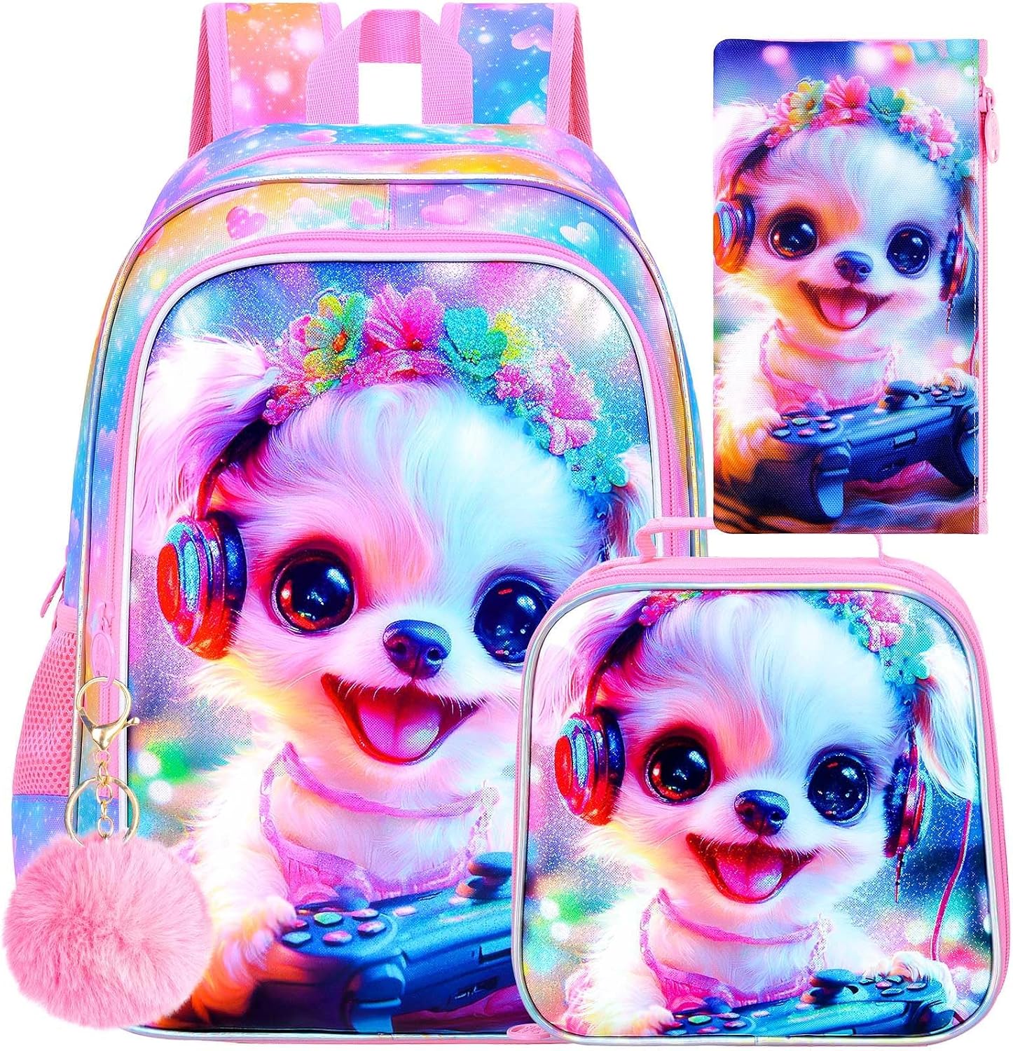 UFNDC Pink Gaming Dog Bookbag for Kids, 16 Inch Cute Girls Preschool Backpack with Lunch Box, 3-Piece Water Resistant Elementary School Bag Set