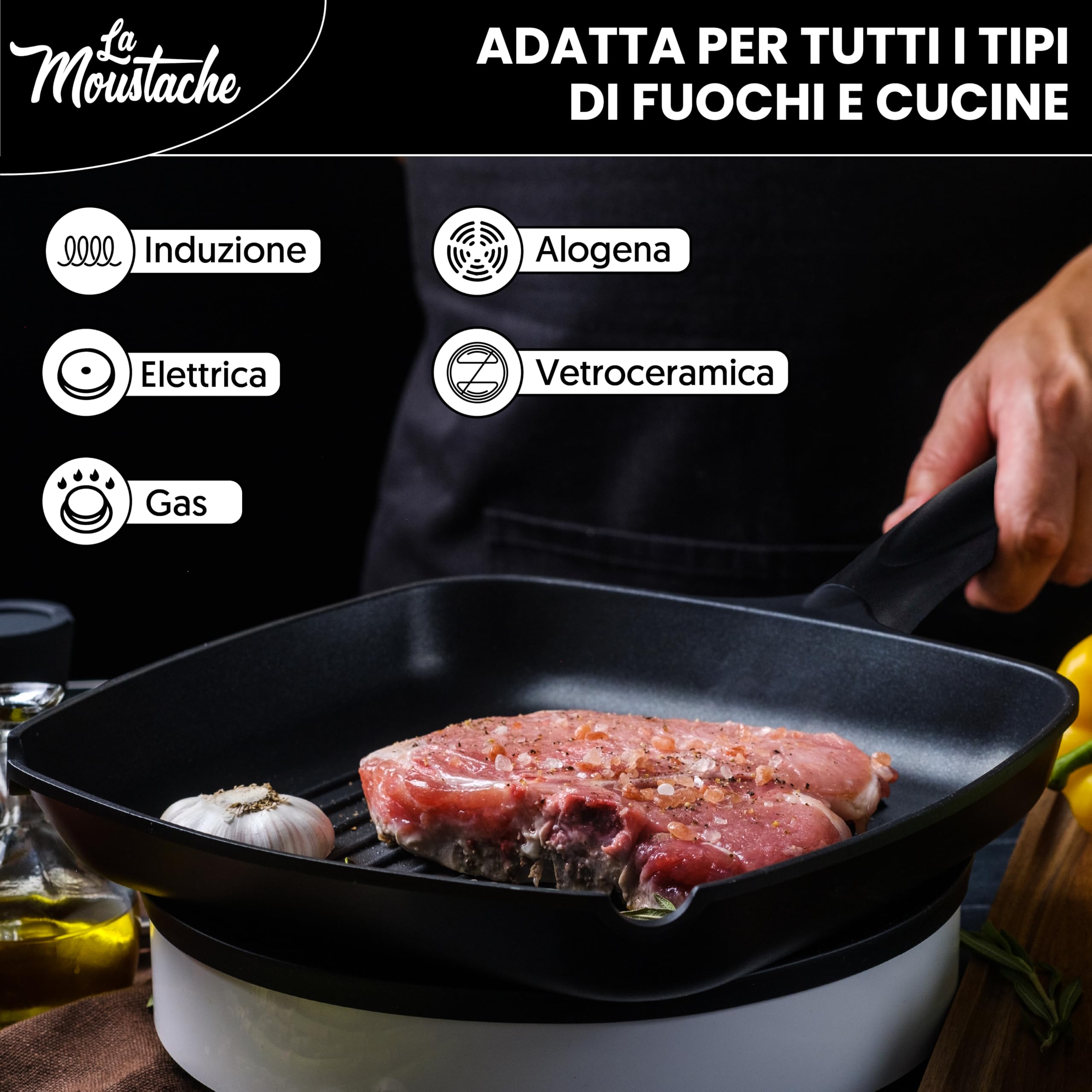 La Moustache - Padella Quadrata 28 cm in Alluminio con Antiaderente senza PFOA, Adatto a Tutti i Tipi di Cucine | Induzione, Gas, Piastra Elettrica, Vitroceramica, Equilibrio Termico
