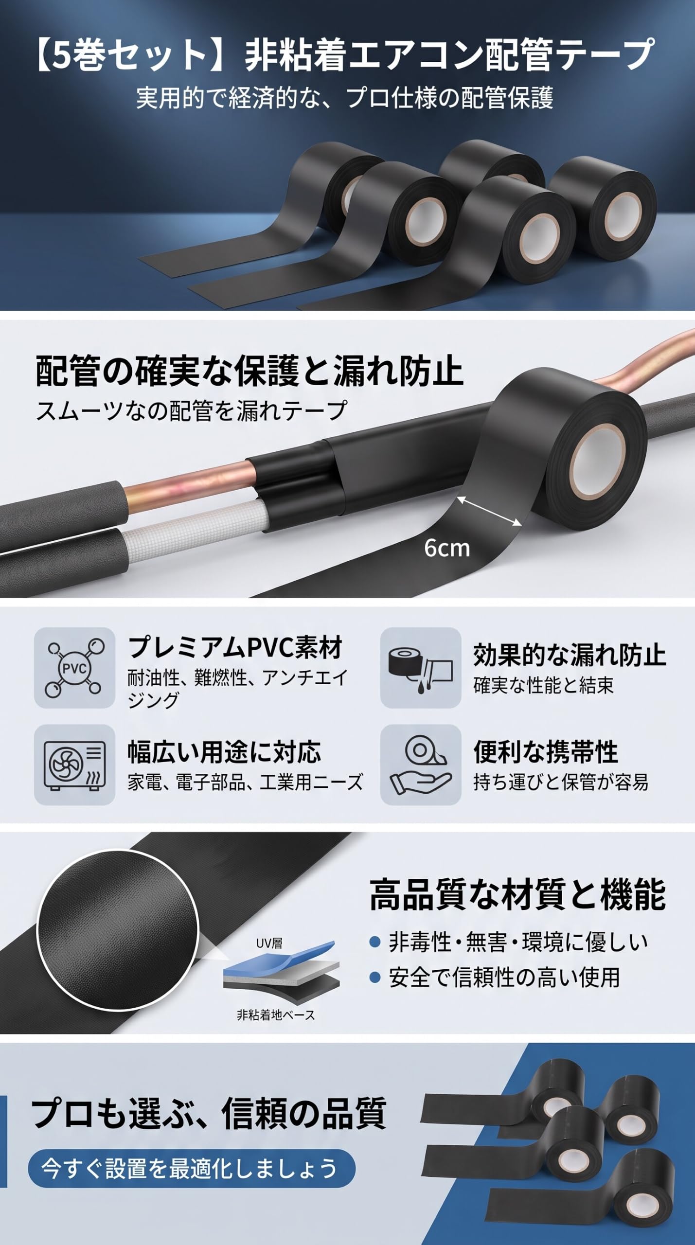 Amazon.co.jp: 非粘着テープ パイプラッピングテープ 幅6cm エアコン