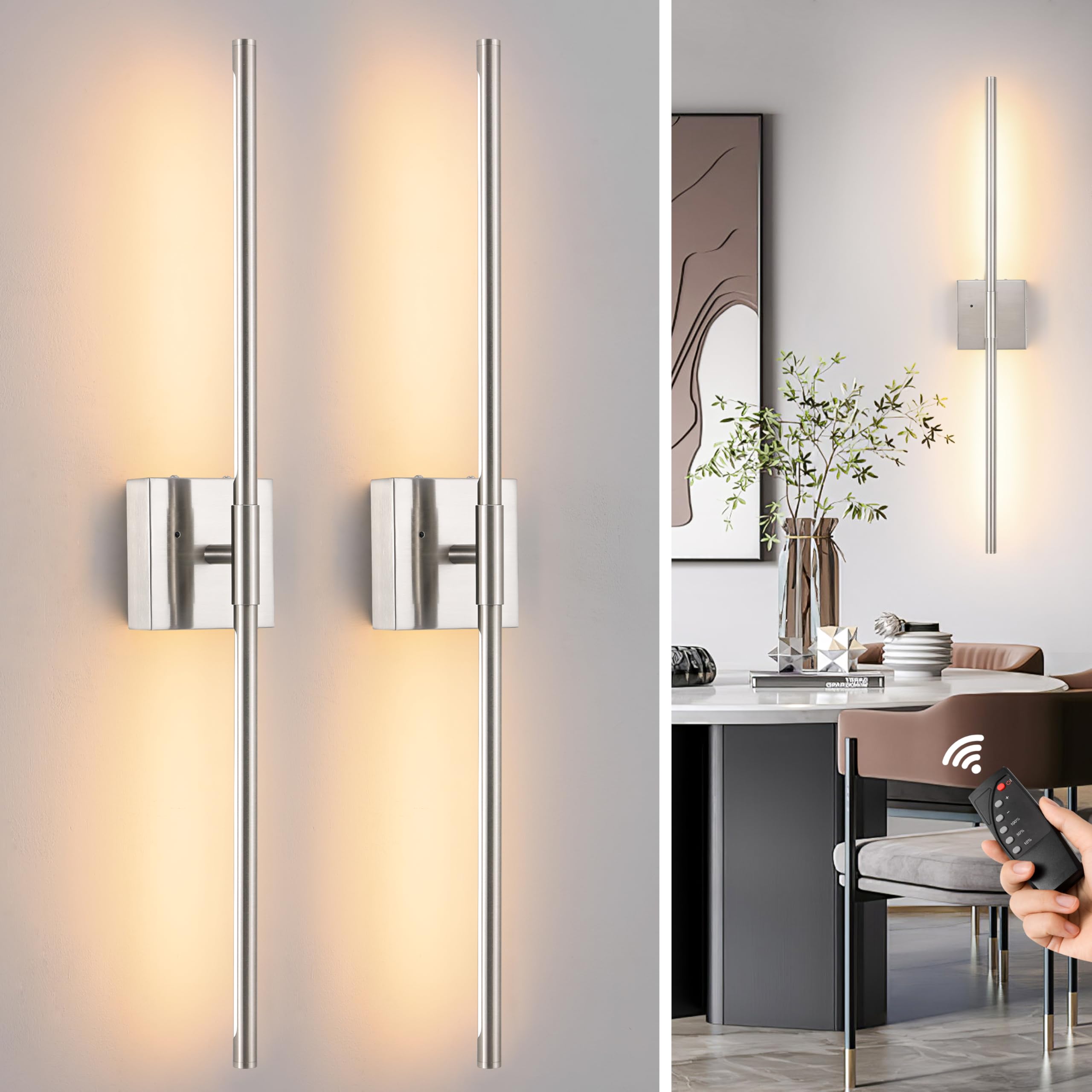 Rechargeable Battery Operated Wall Sconces Set of 2, Dimmable Wall Lights with Remote and Touch Control, Modern LED Wireless Sconce for Living Room, Bedroom, 3000K, Sand Nickel, 24 Inch 2 Pack