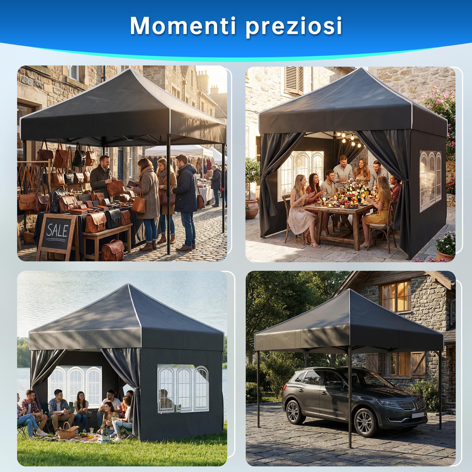 Devoko Gazebo 3x3 impermeabile pieghevole con pareti laterali protezione UV 50+ nero