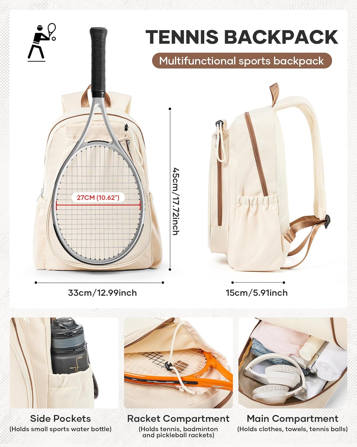Tennis & Pickleball Bag for Women Men, Fits 1 Racket or 2 Paddles, Lightweight Waterproof Tennis Backpack with Shoe Compartment & Wet Pocket For Training, Gym & Travel - Image 3