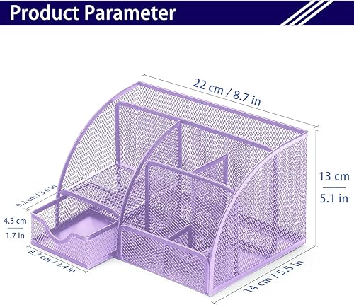 Miniatura 3 de Boutilon Organizador de escritorio de malla, suministros de oficina, organizador estacionario con 6 compartimentos y 1 cajón, soporte multifuncional