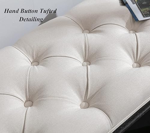 Miniatura 11 de Banco de almacenamiento capitoné de mediados de siglo con estante, banco tapizado de lino para zapatos, taburete otomano con asiento acolchado,