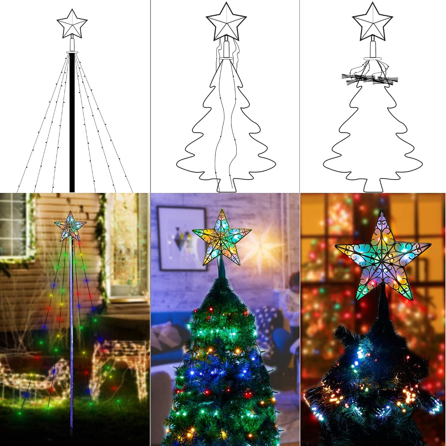 WATERGLIDE Christmas Tree Lights with Star Topper, 300LED with 11 Lighting Mode, 6.6ft x 12 String Lights Warm White & Multicolor with Remote for Christmas Decorations, Indoor/Outdoor Xmas Tree Decor