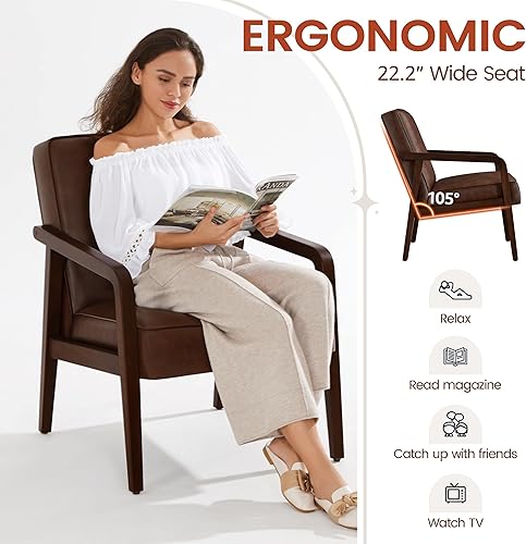 Miniatura 8 de Yaheetech Silla de Acento de Cuero PU, Silla de Barril Moderna de Mediados de Siglo con Marco de Madera y Acolchado Suave y Grueso para Sala de