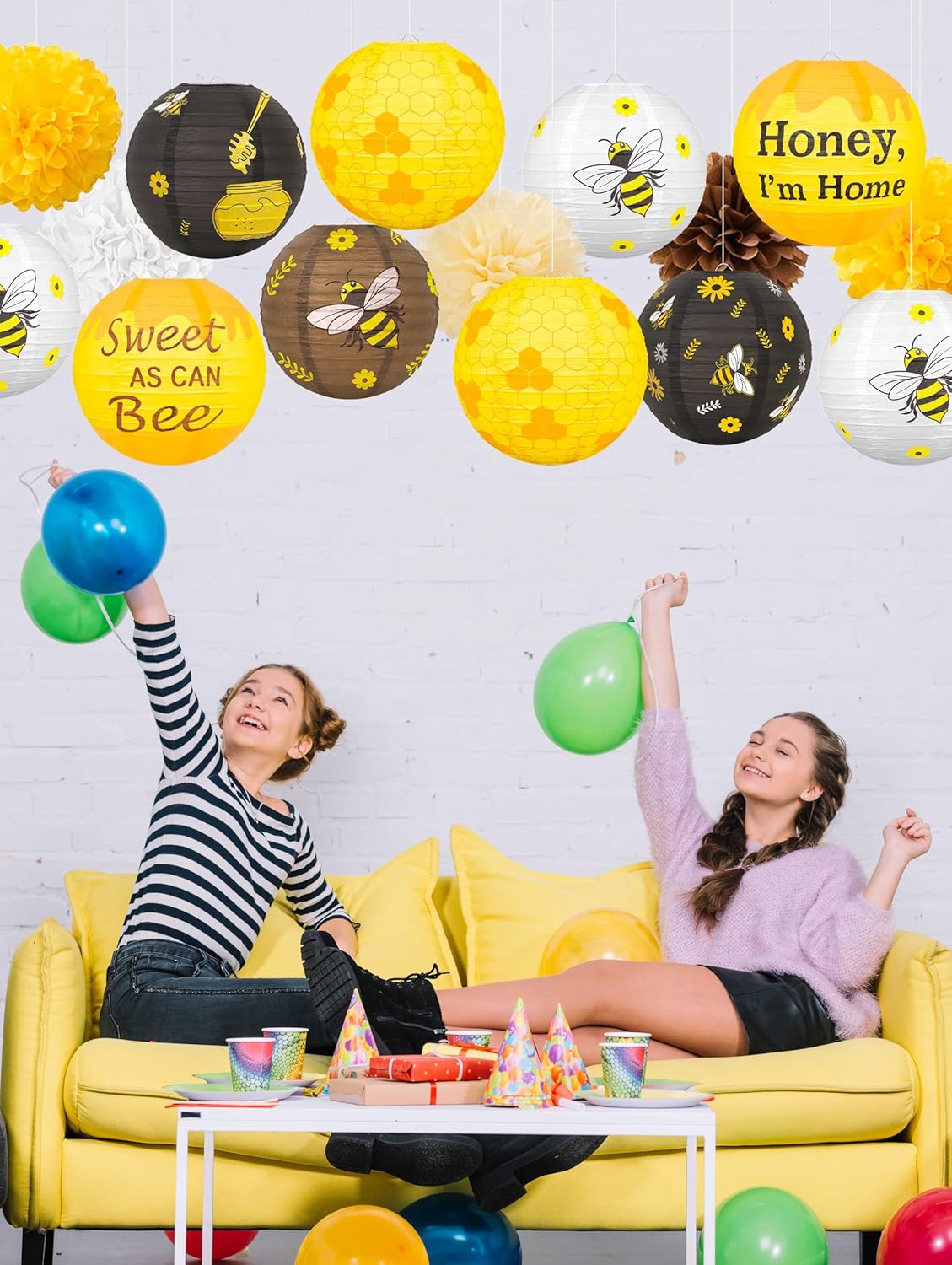 15Pcs Bee Party Decorations Hanging Paper Lanterns Tissue Pom Pom - Bees Themed Decor for Home Birthday Outdoor Indoor