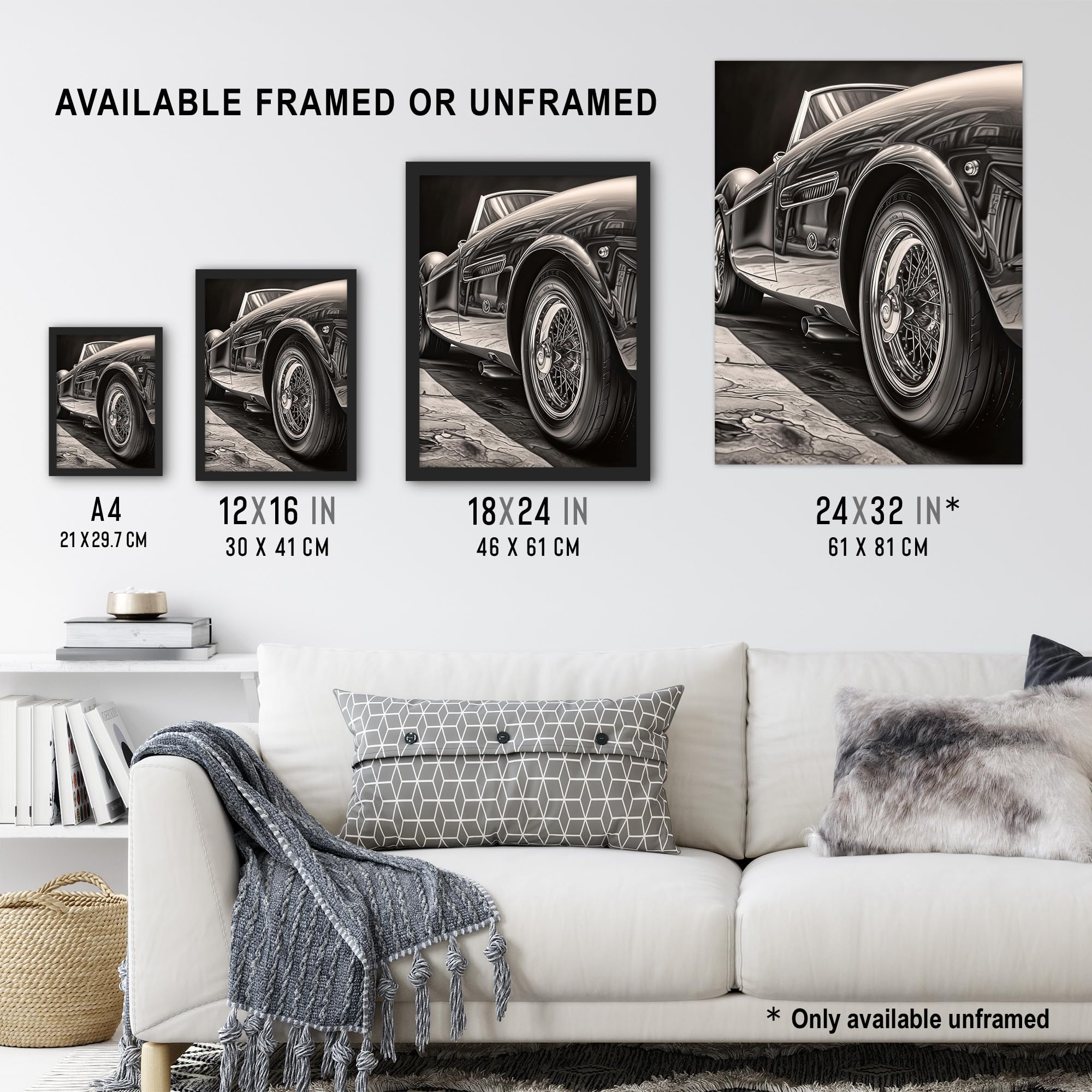Artery8 Sleek And Sporty Hyper Realistic Graphite Drawing Sports Car Spoke Wheels Gift For Him Extra Large XL Wall Art Poster Print - Image 3