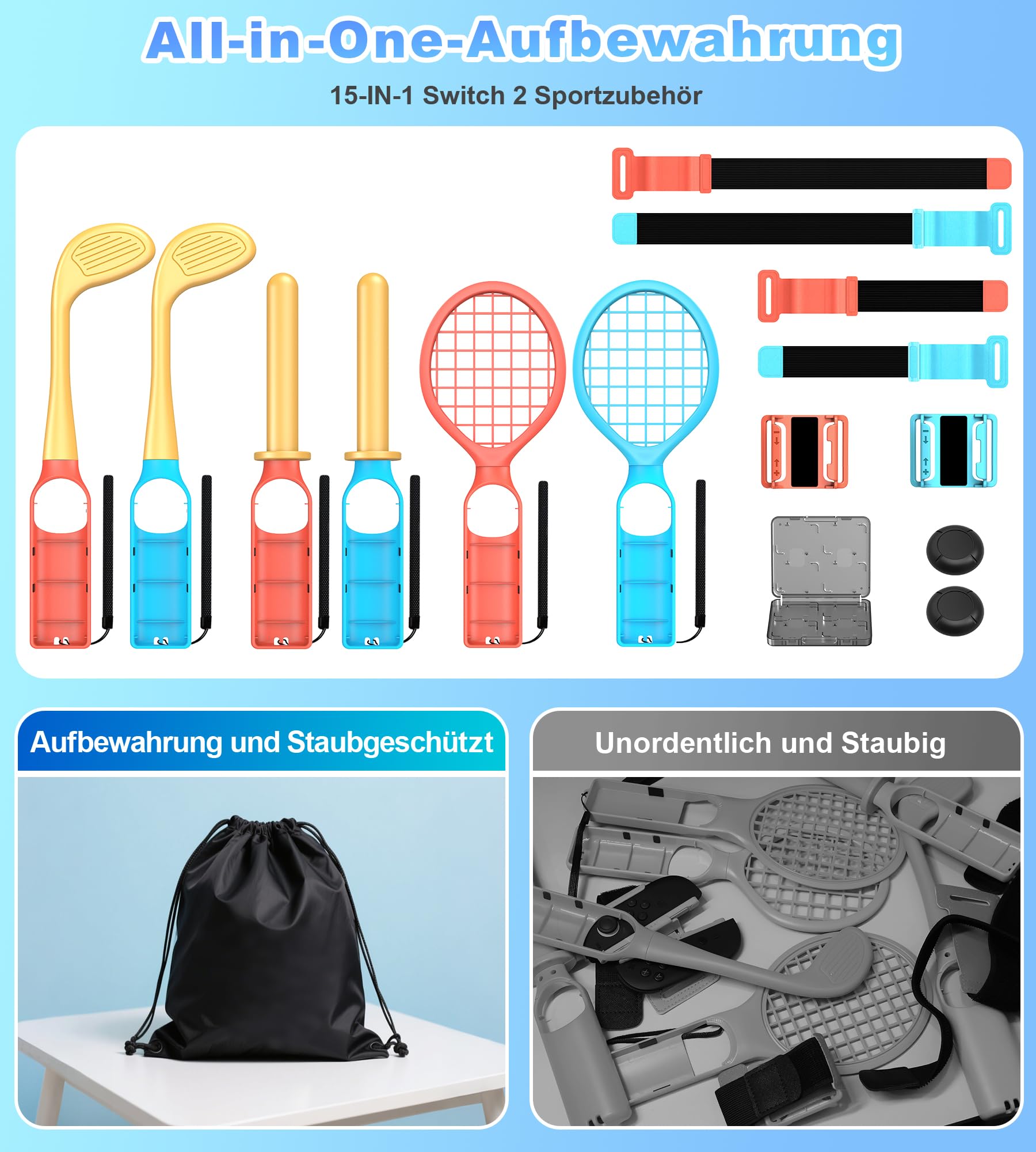 15 in 1 Switch 2 Sport Zubehör Set für Nintendo Switch 2, Familienparty Paket Sportspiele Zubehör, Aufbewahrung für Switch 2 Sport Spiel Organizer, 15 Stück(nur für Switch 2)