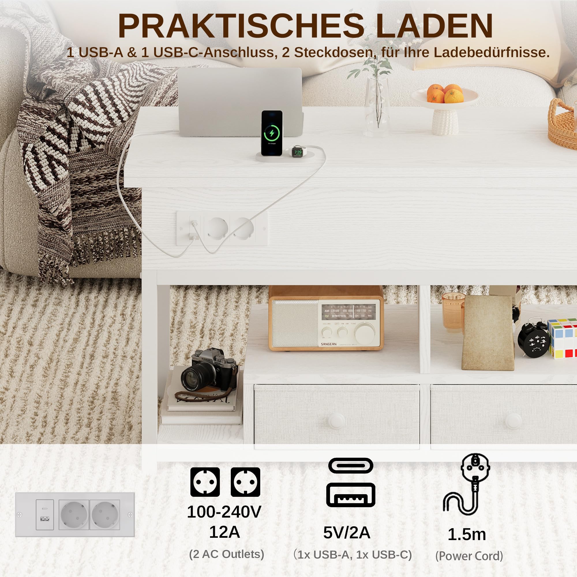 IRONCK Couchtisch Höhenverstellbar, LED Wohnzimmertisch mit Steckdosen
