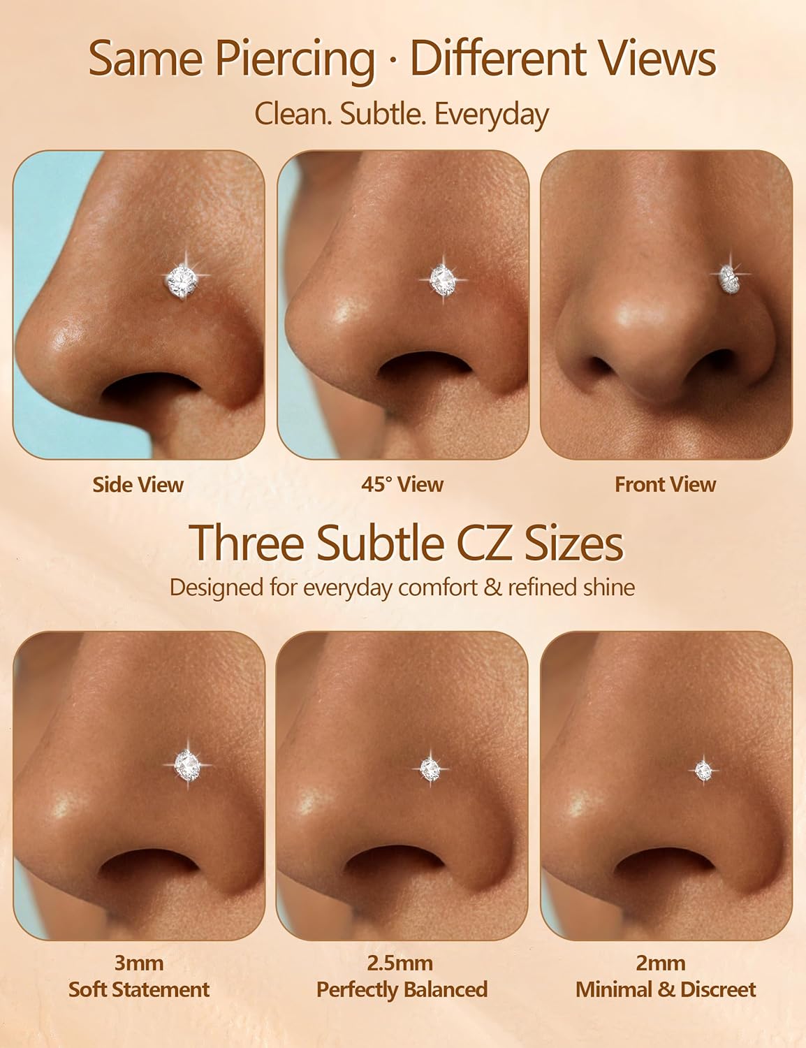 9 Pcs Titanium Nose Rings Studs Set, 20G Nose Studs for Women Men Sensitive Skin - L Shaped & Straight & Corkscrew Nose Rings for Women, 2mm-3mm Diamond CZ Nose Ring Stud, Nostril Nose Piercing Jewelry - Image 6