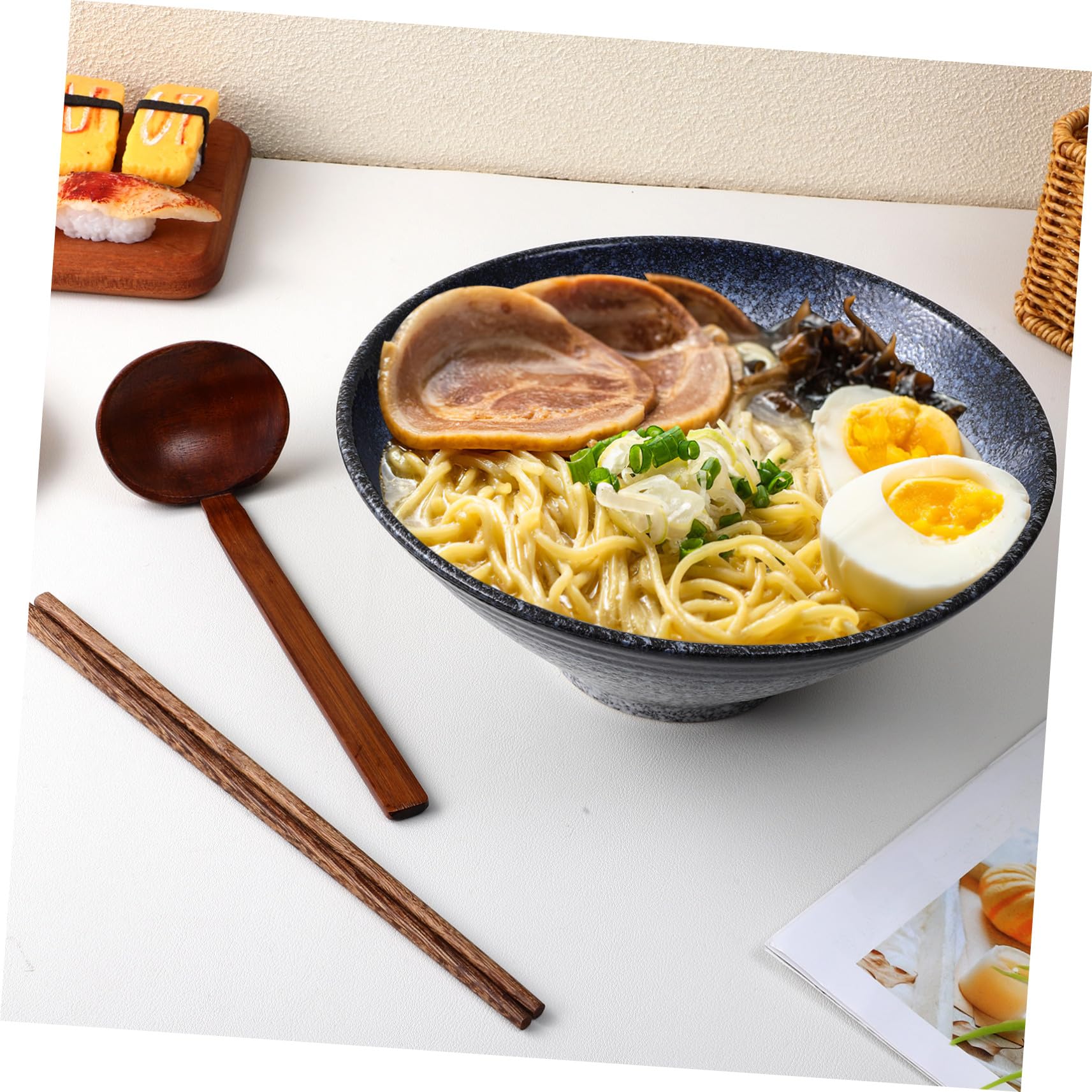 Baluue Bol de Ramen Japonerie 23 Cm en Céramique Bleue, Baguettes en Bois de Poulet, Cuillère en Bois Anti-fuite, Service 3 Pièces pour Repas Maison et Restaurant