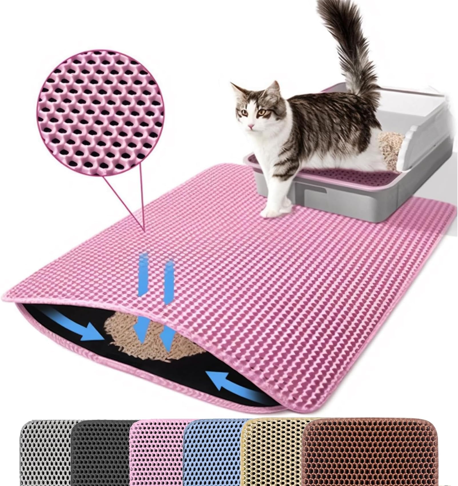 Cat Litter Mat, 60x45cm Large Honeycomb Double Layer Cat Litter Mat Trapper, Non Slip Waterproof Urine Proof Cat Litter Box Mat for Floor, Cat Supplies and Essentials, Pink