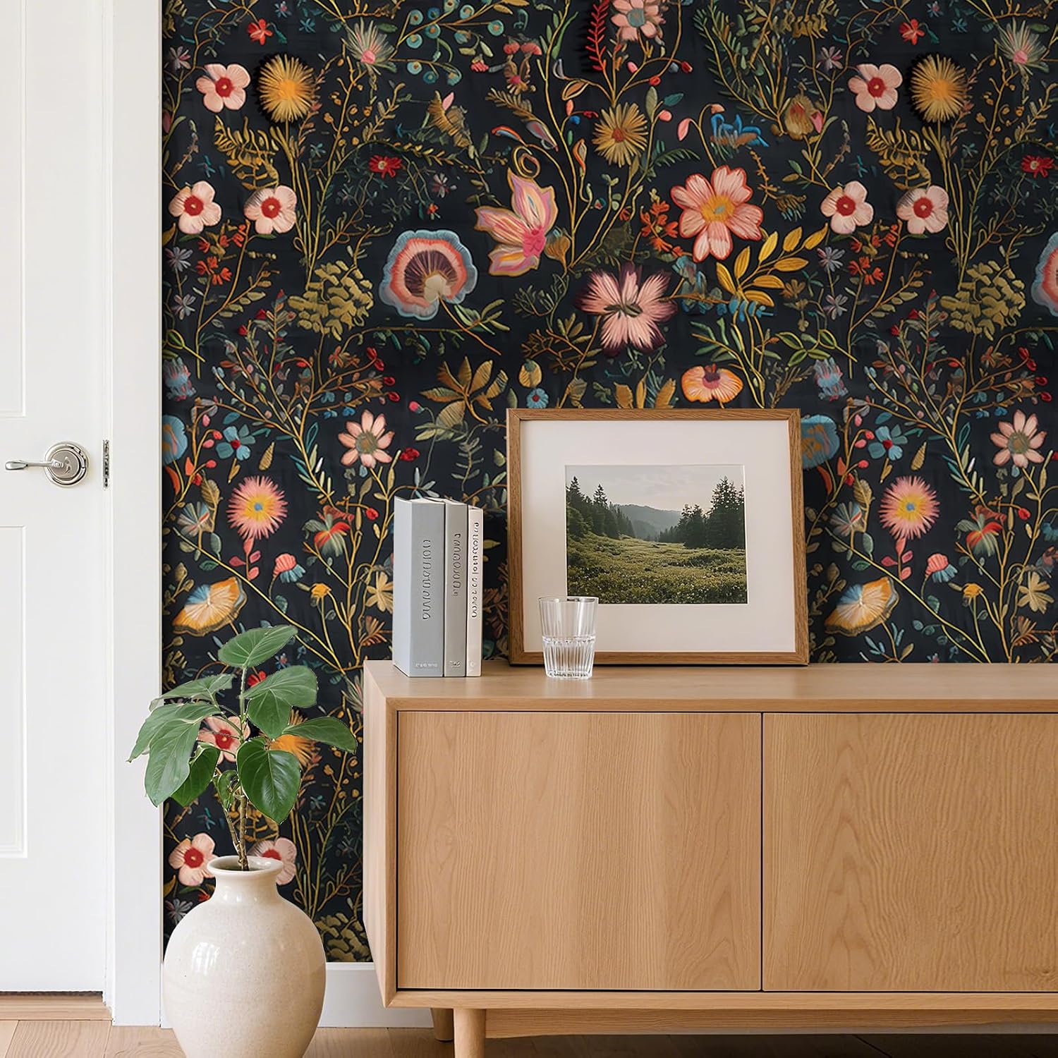 FunStick Dark Floral Peel and Stick Wallpaper Vintage Boho Black Floral Wallpaper Self Adhesive Flower Contact Paper for Cabinets Removable Botanical Wall Paper for Bathroom Bedroom Walls 17.7"x118"