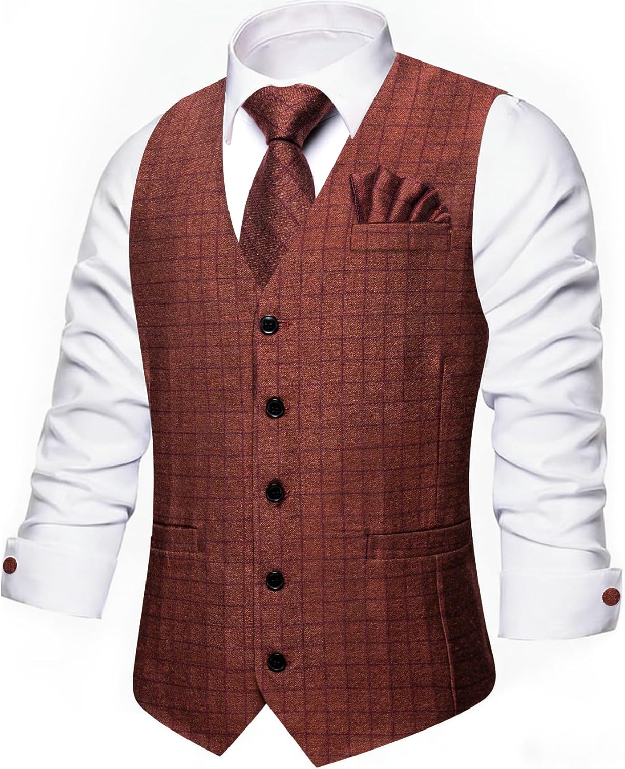 Barry.Wang Men's Plaid Suit Vest Tie Set 4PC Business Slim Fit Waistcoat for Wedding Party