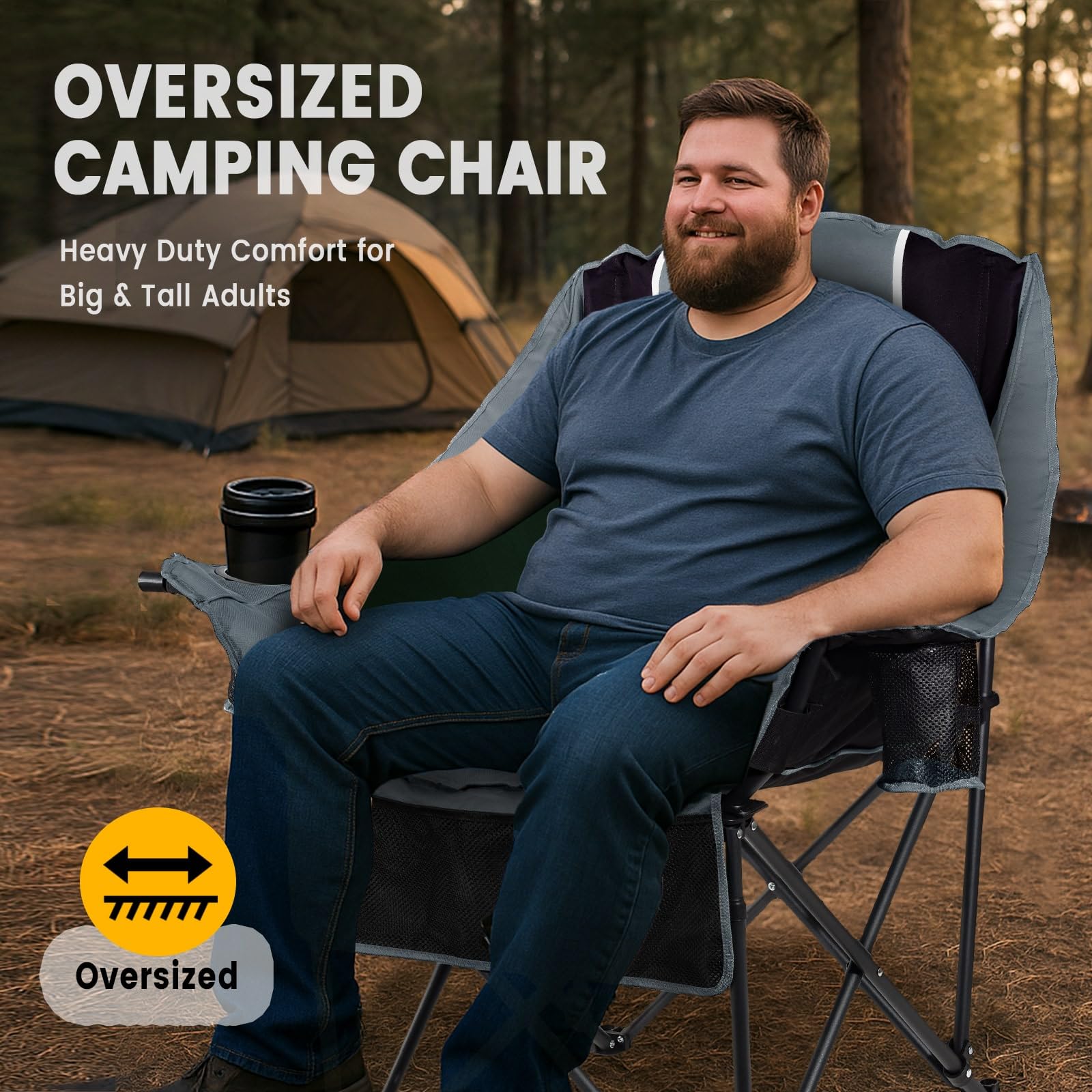 USKAU Oversized Camping Chair for Large Adults Heavy Duty 400 lbs Capacity, Comfortable Padded Folding Lawn Chair with Back & Headrest Support and Cup Holder, Portable Outdoor Chair with Carry Bag