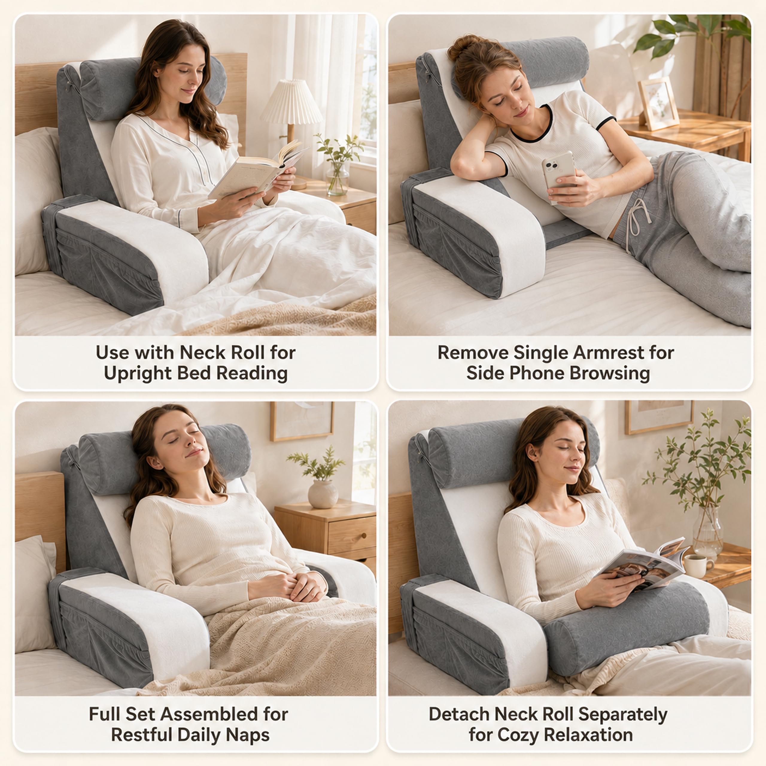 ALLUMK Almohada de Lectura Ergonómica con Soporte Lumbar y reposabrazos | Funda lavable desmontable, diseño bicolor gris blanco, soporte cervical para adultos en cama y sofá
