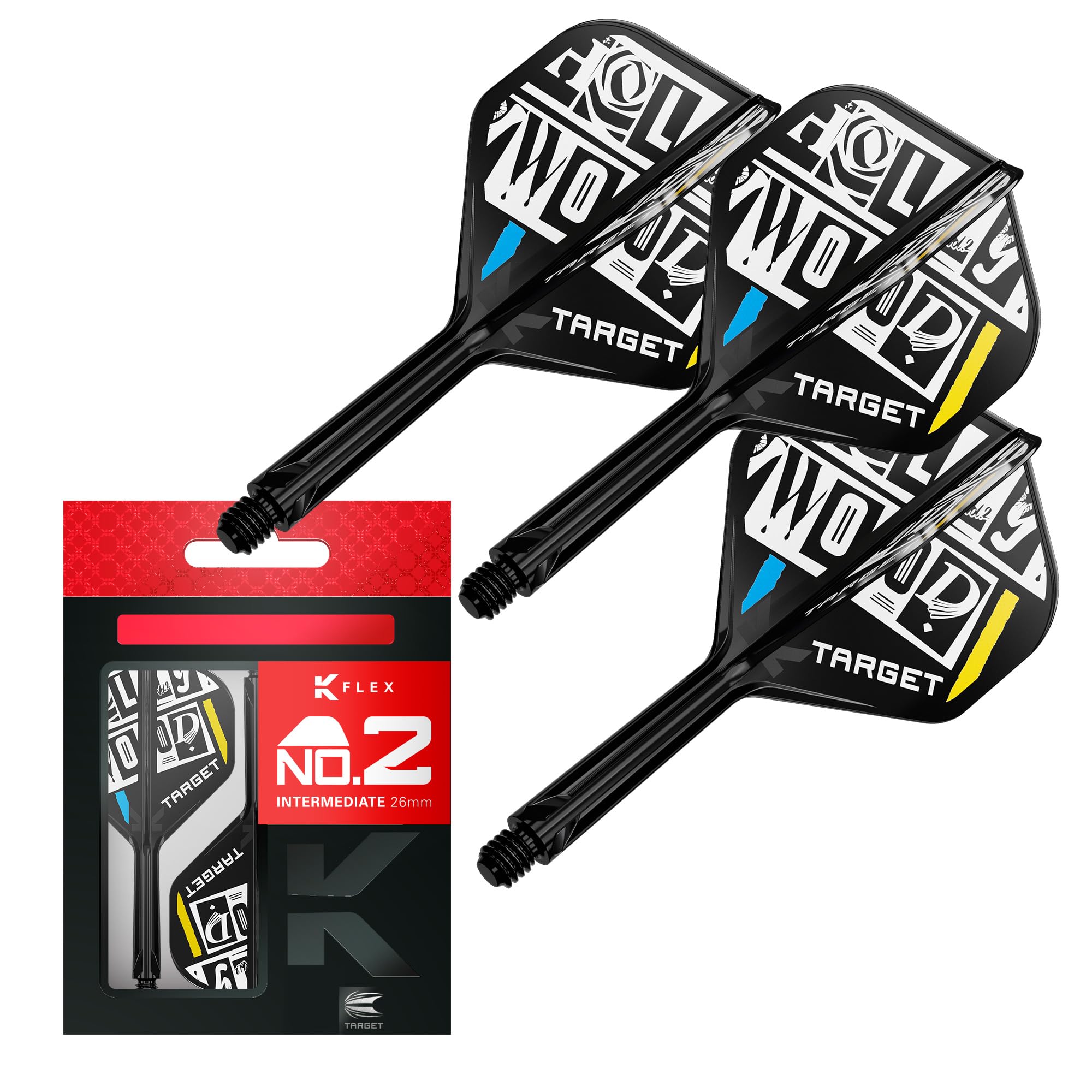 Target Darts Chris Dobey K Flex Flights and Shaft System, No.2 | Pack of 3 Kflex All In One Flights, Player Edition Darts Accessories | K-Flex Dart Stem โ Intermediate (26mm)